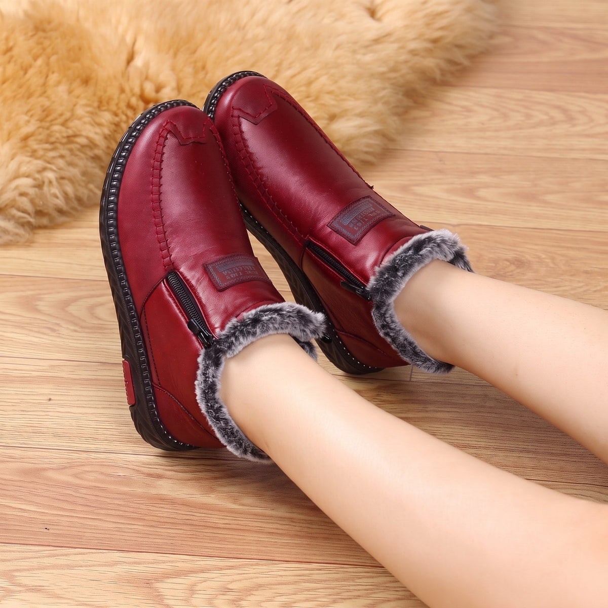 Amelia - Women's Fur Lined Orthopaedic Ankle Boots with Side Zip - Boots - Red - Davies & Cooper