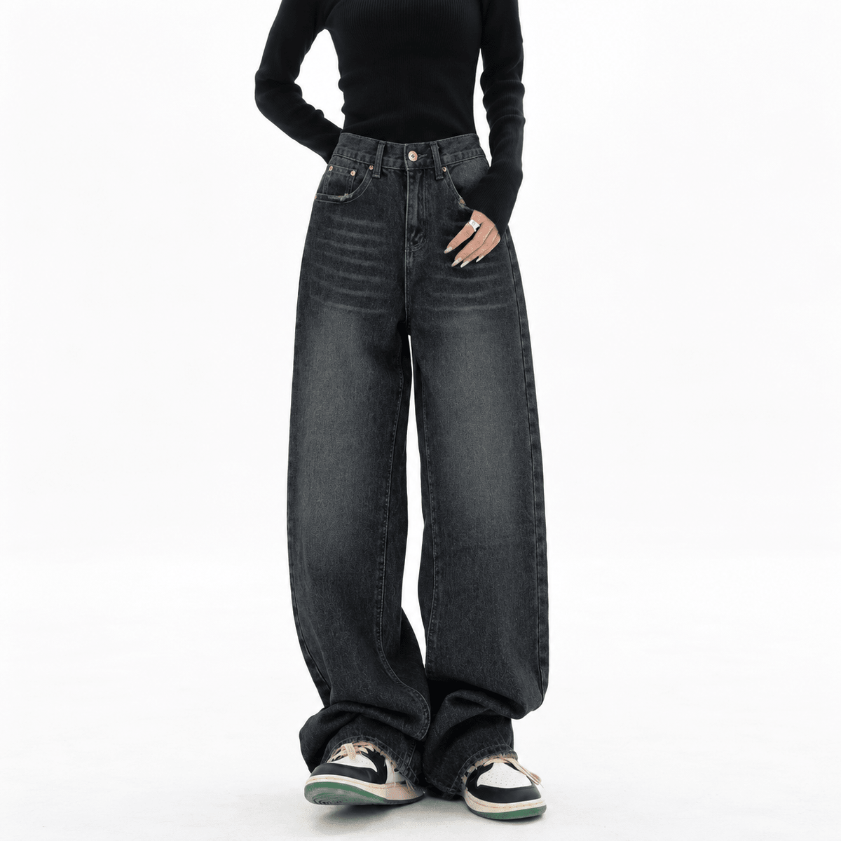 Amelia - Women's High-Waisted Wide-Leg Baggy Jeans with Dark Vintage Wash - Jeans - Black - Davies & Cooper