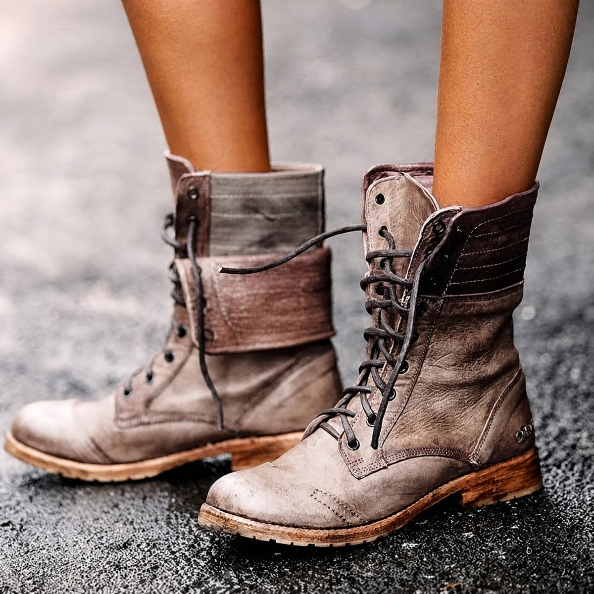 Amelia - Women's Lace-Up Combat Boots with Fold-Over Cuff - Boots - Khaki - Davies & Cooper