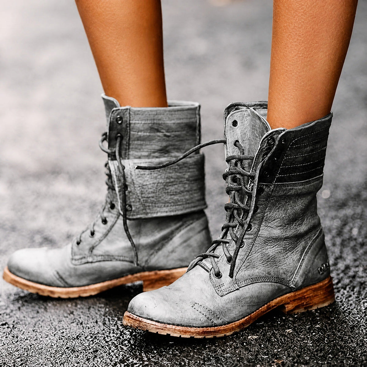 Amelia - Women's Lace-Up Combat Boots with Fold-Over Cuff - Boots - Grey - Davies & Cooper