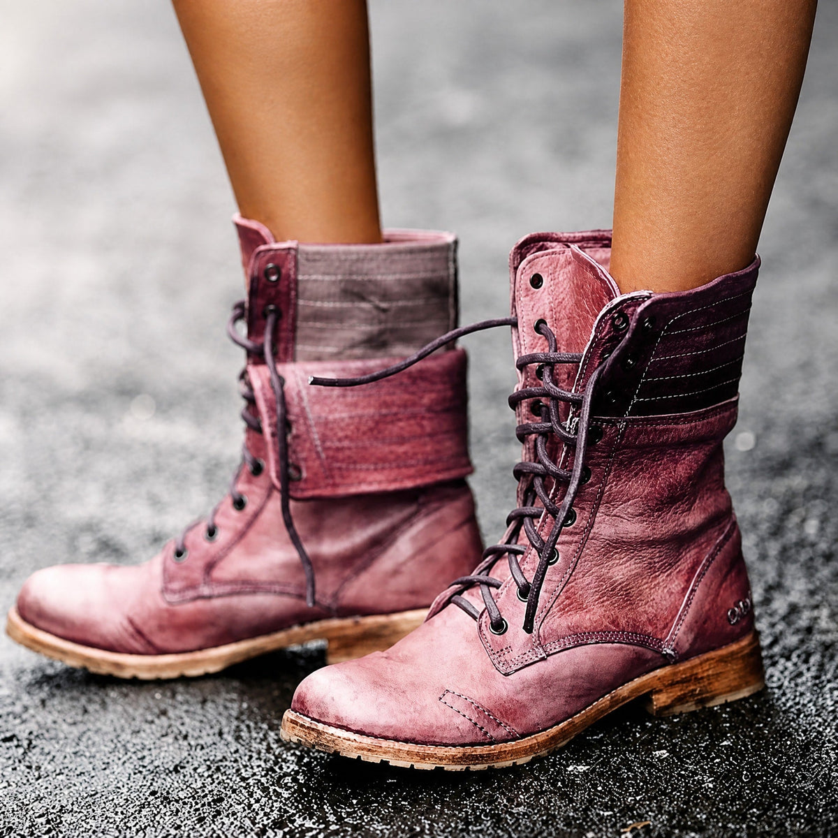 Amelia - Women's Lace-Up Combat Boots with Fold-Over Cuff - Boots - Red - Davies & Cooper