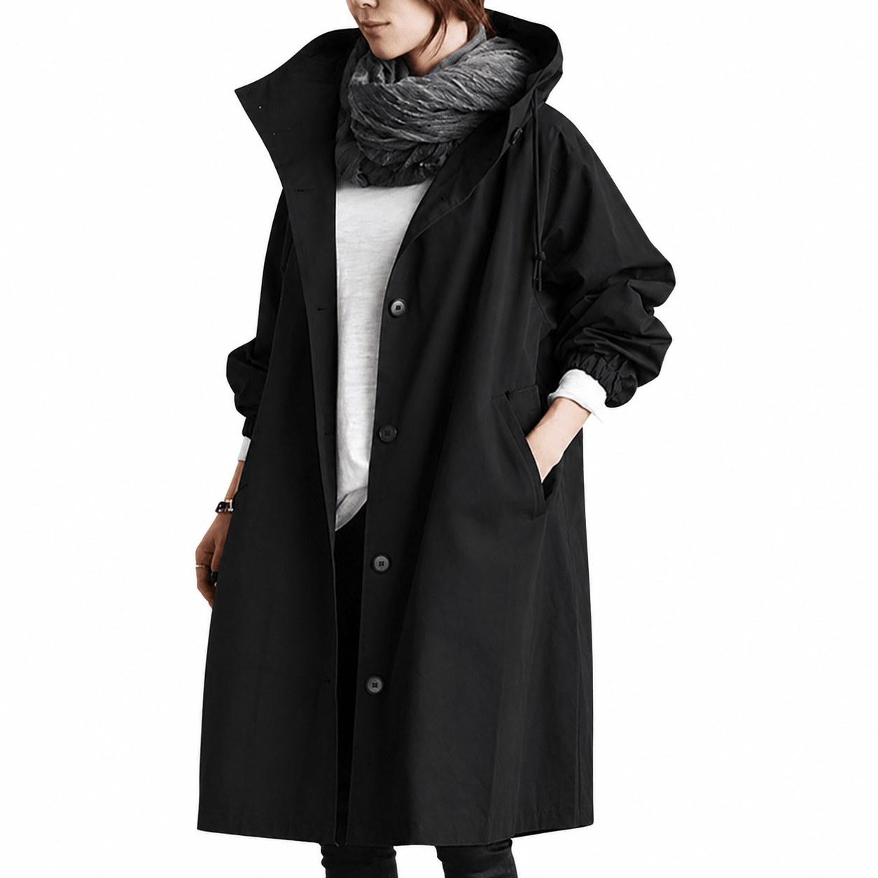 Amelia - Women's Longline Hooded Parka Coat - Trench Coats - Black - Davies & Cooper