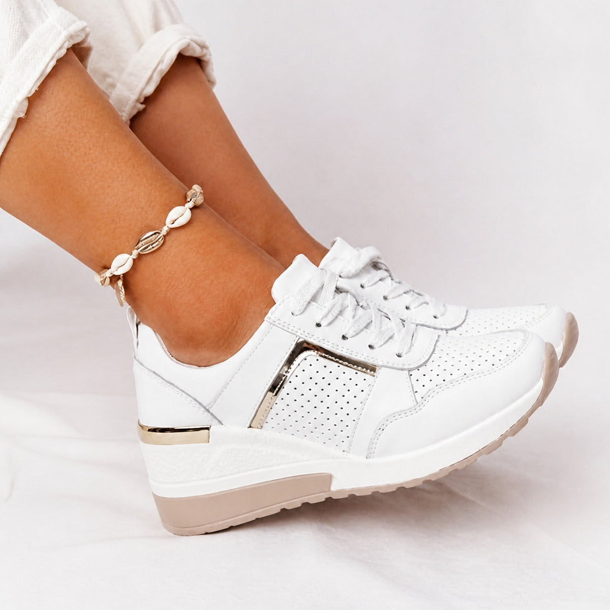 Amelia - Women's Orthopaedic Wedge Trainers with Metallic Panel Detail - Sneakers - White - Davies & Cooper
