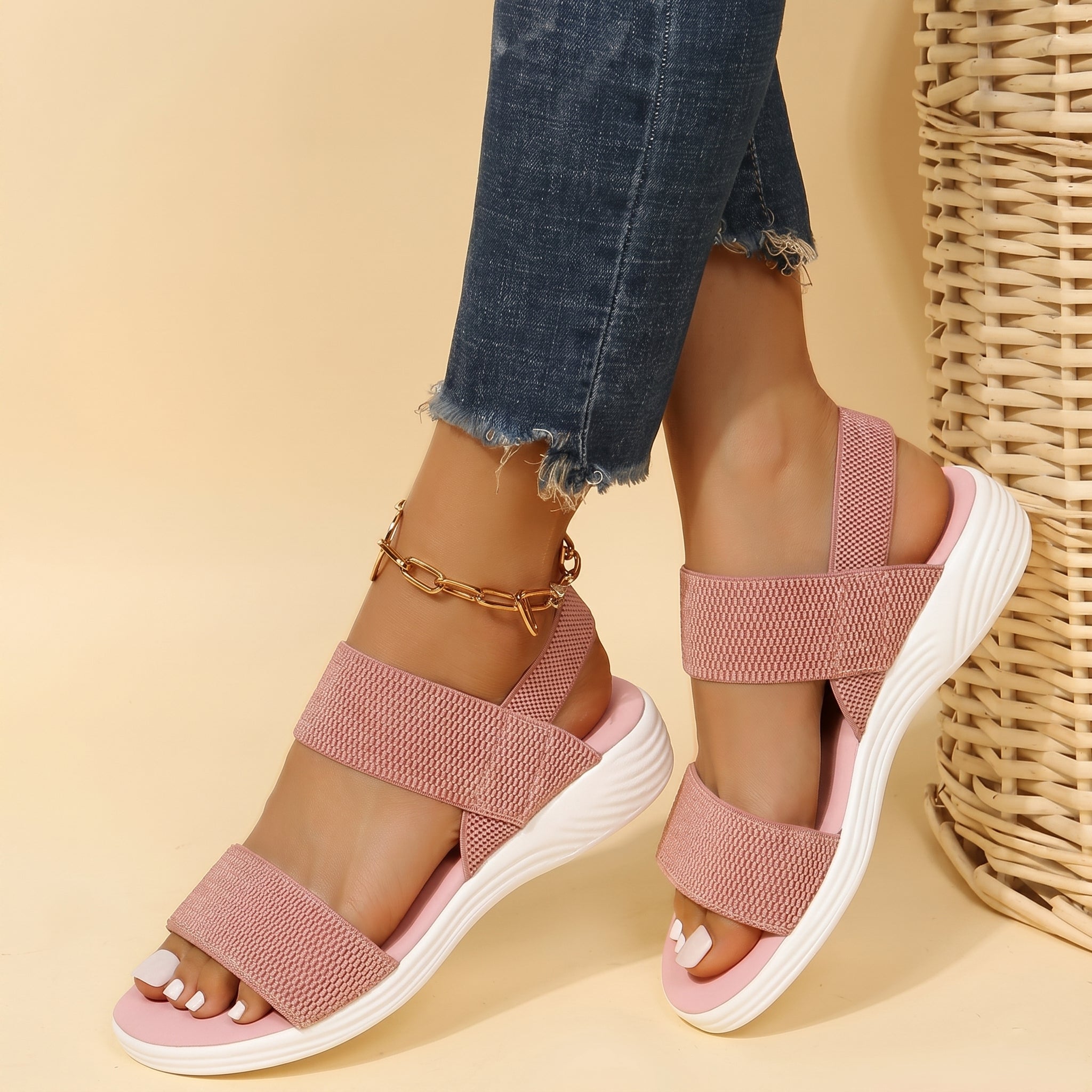 Amelie - Women's Orthopaedic Elastic Strap Sandals - Sandals - Beige - Davies & Cooper