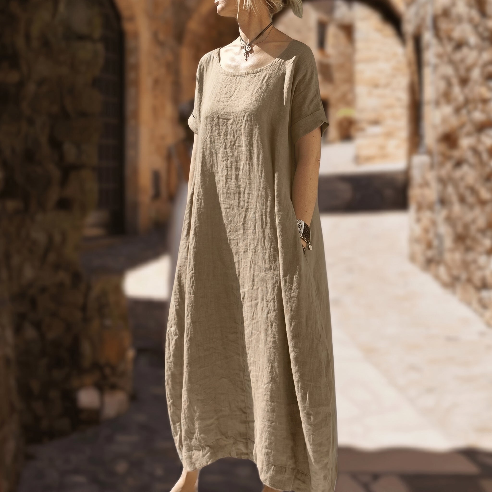 Anika - Women's Summer Oversized Round Neck Maxi Dress - Dresses - Caramel - Davies & Cooper