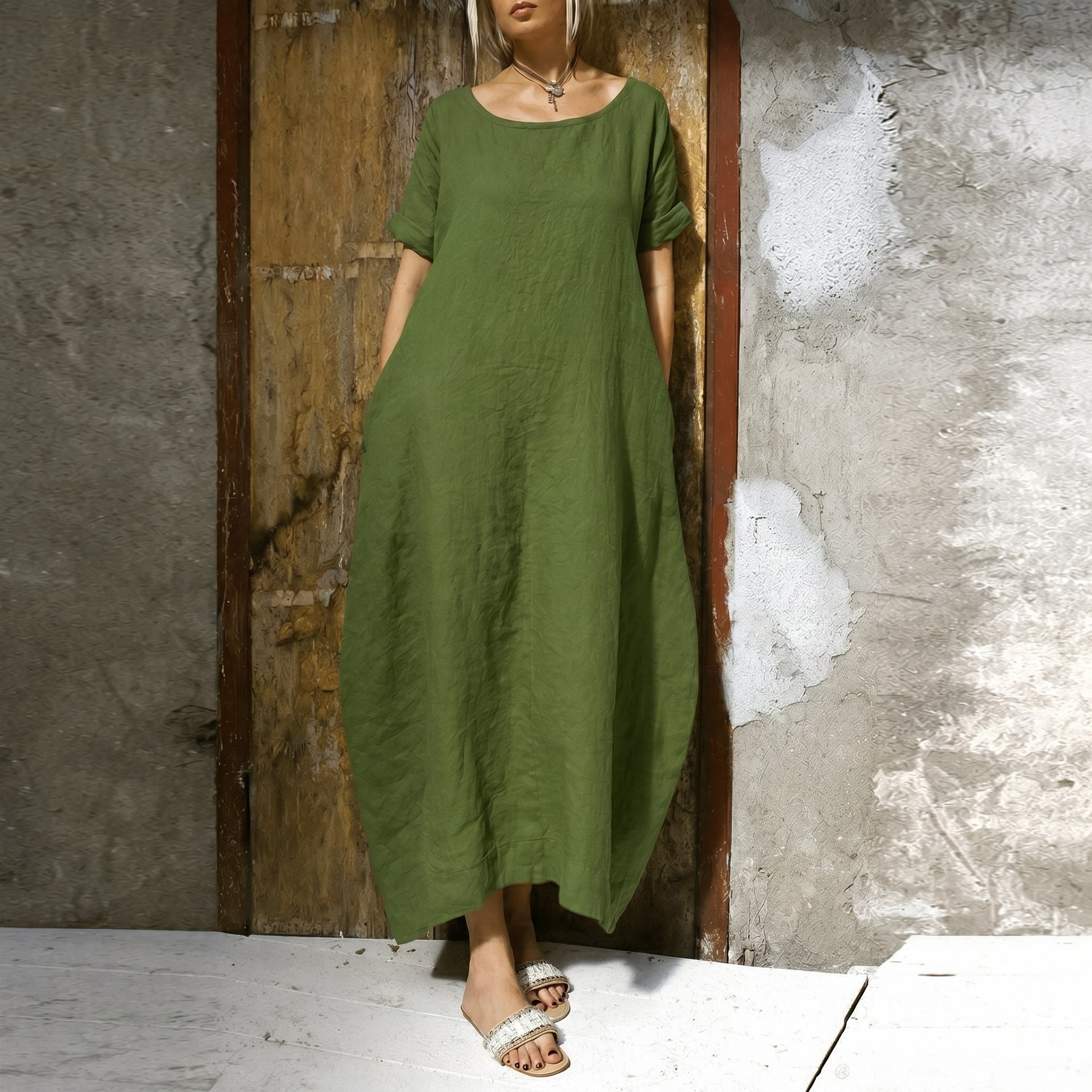 Anika - Women's Summer Oversized Round Neck Maxi Dress - Dresses - Green - Davies & Cooper