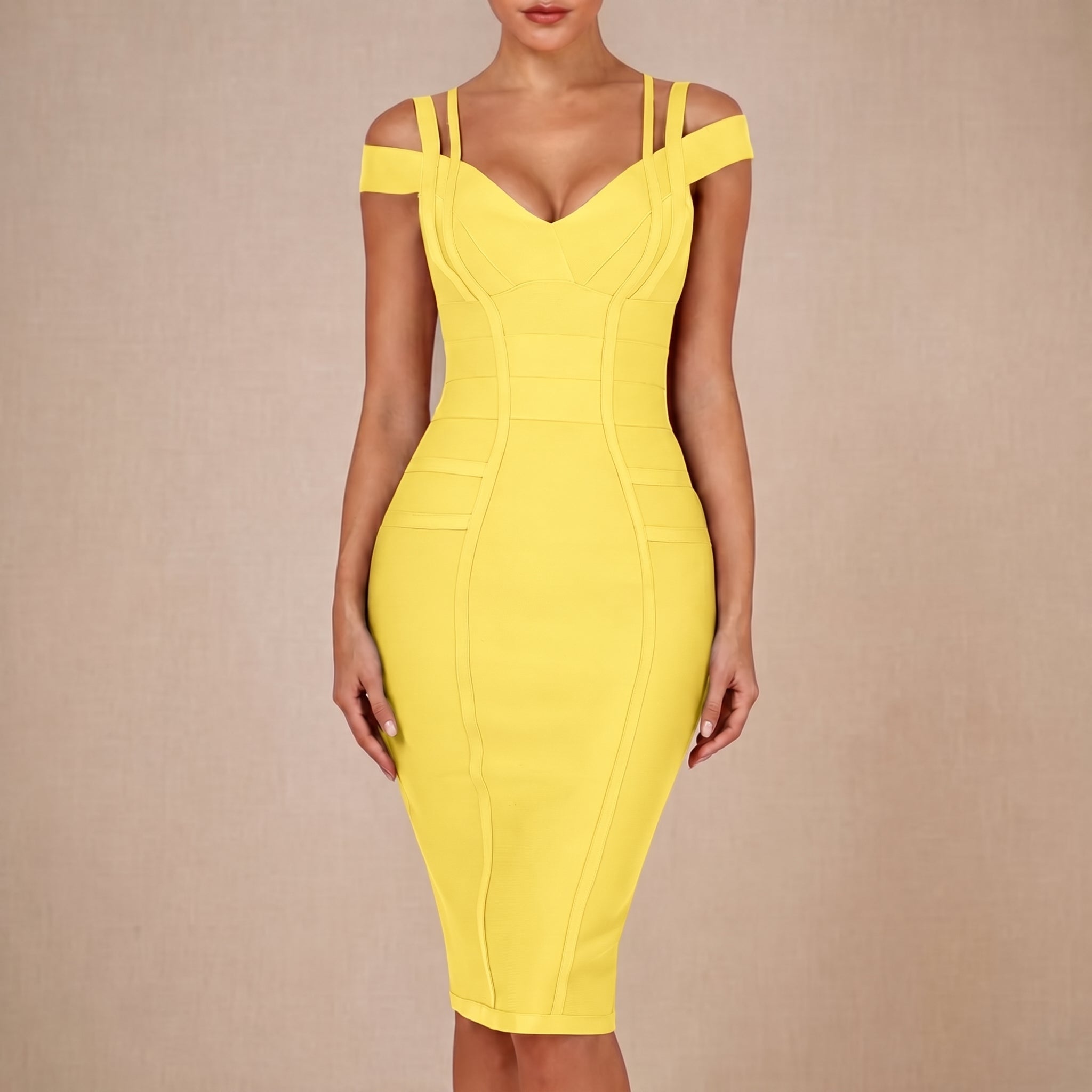 Anja - Women's Party Bandage Cold Shoulder Midi Dress - Dresses - Yellow - Davies & Cooper