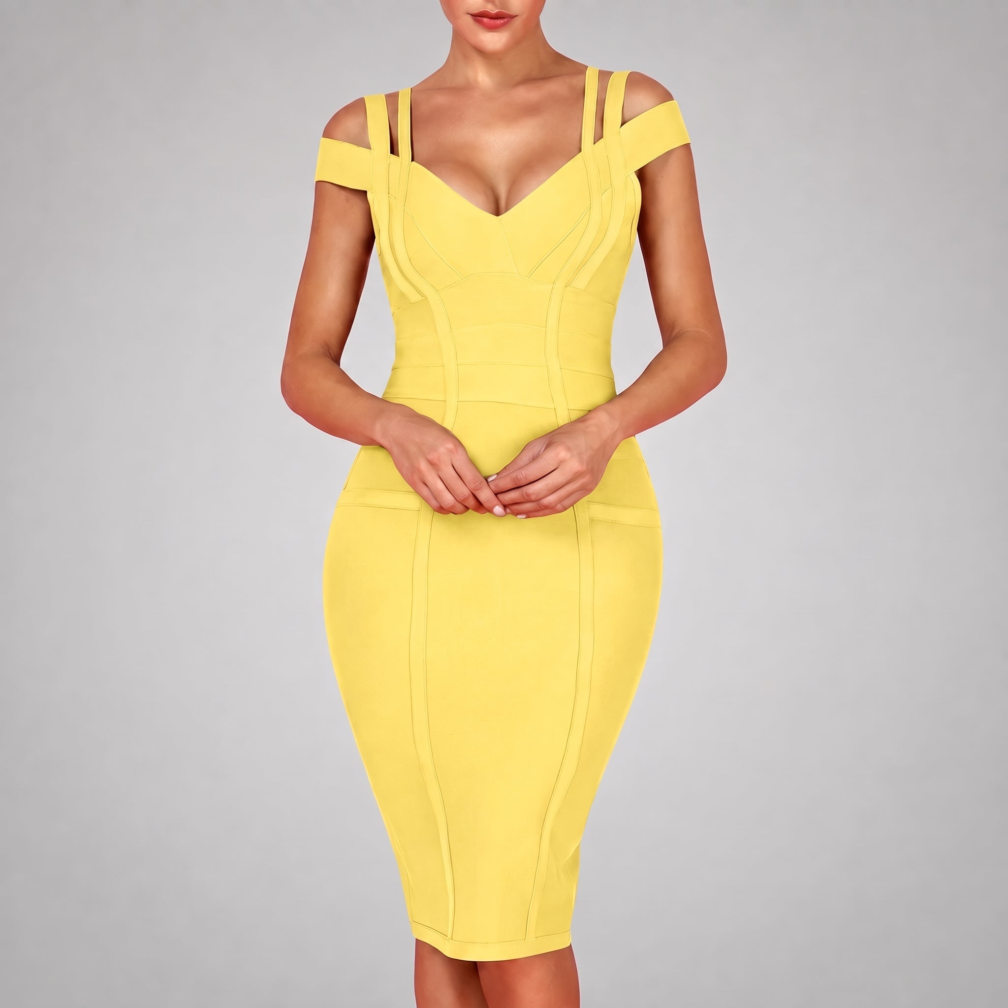 Anja - Women's Party Bandage Cold Shoulder Midi Dress - Dresses - Yellow - Davies & Cooper