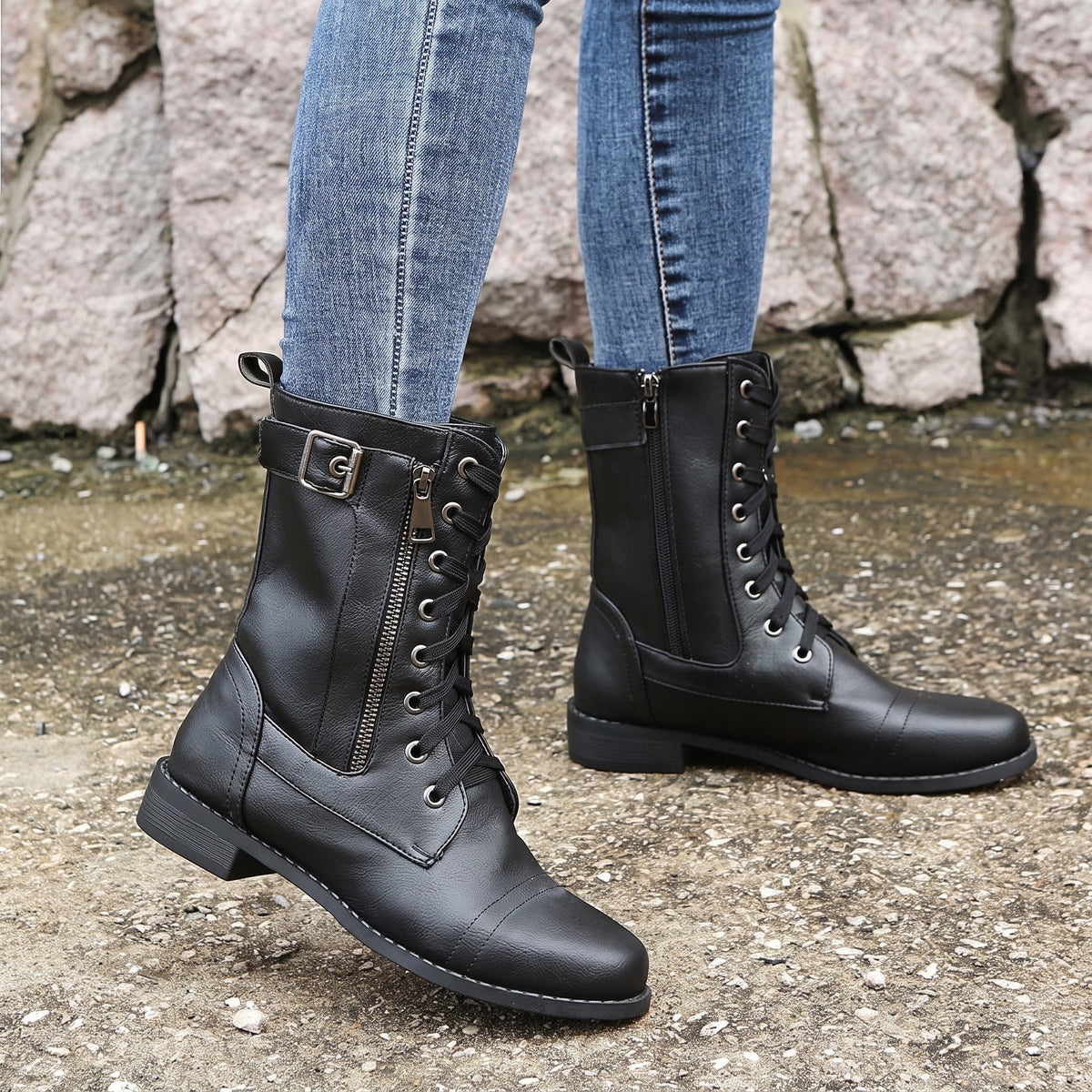 Anna - Women's Orthopaedic Lace-Up Ankle Boots with Side Zip - Boots - Black - Davies & Cooper
