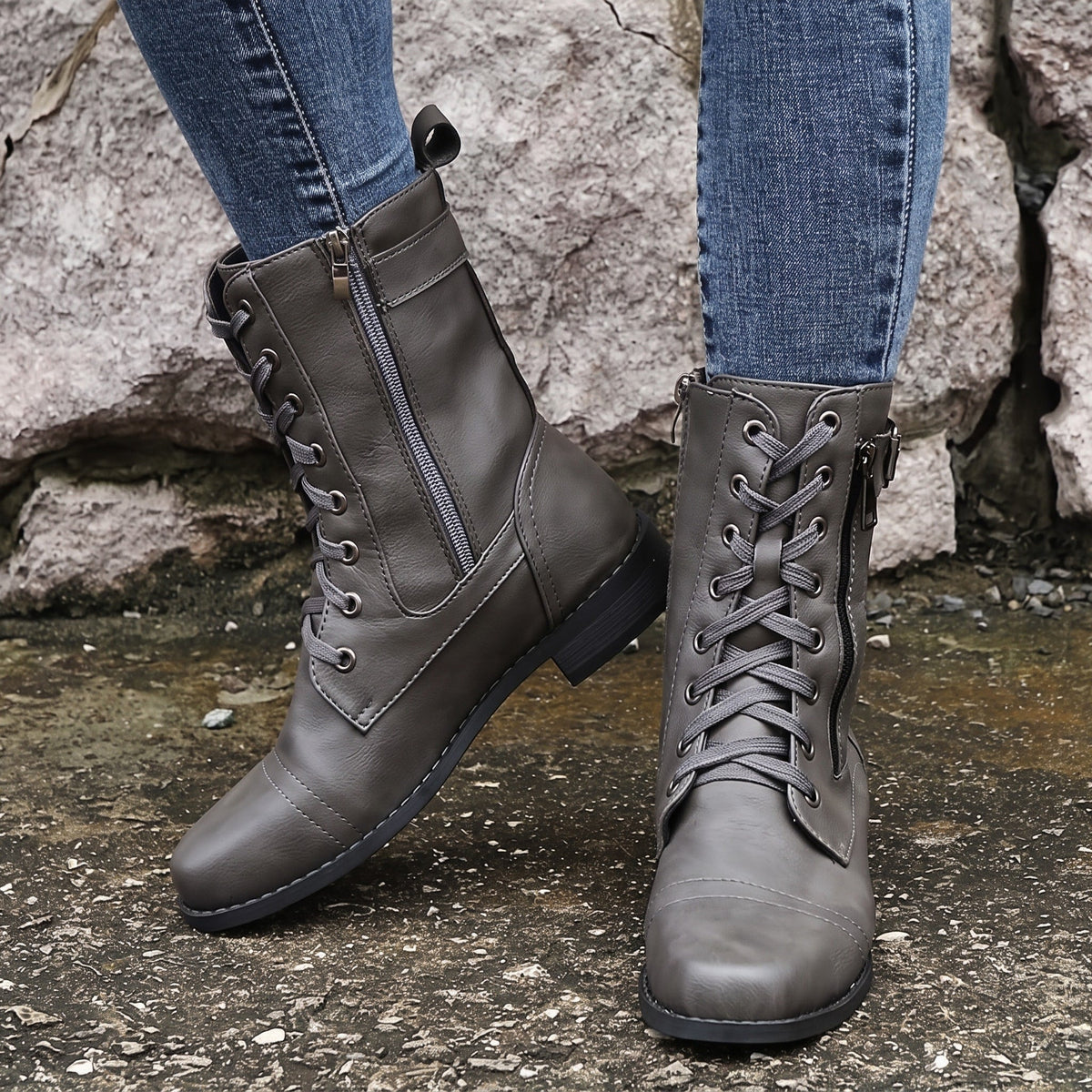 Anna - Women's Orthopaedic Lace-Up Ankle Boots with Side Zip - Boots - Grey - Davies & Cooper