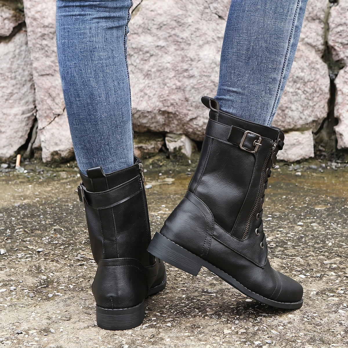 Anna - Women's Orthopaedic Lace-Up Ankle Boots with Side Zip - Boots - Black - Davies & Cooper