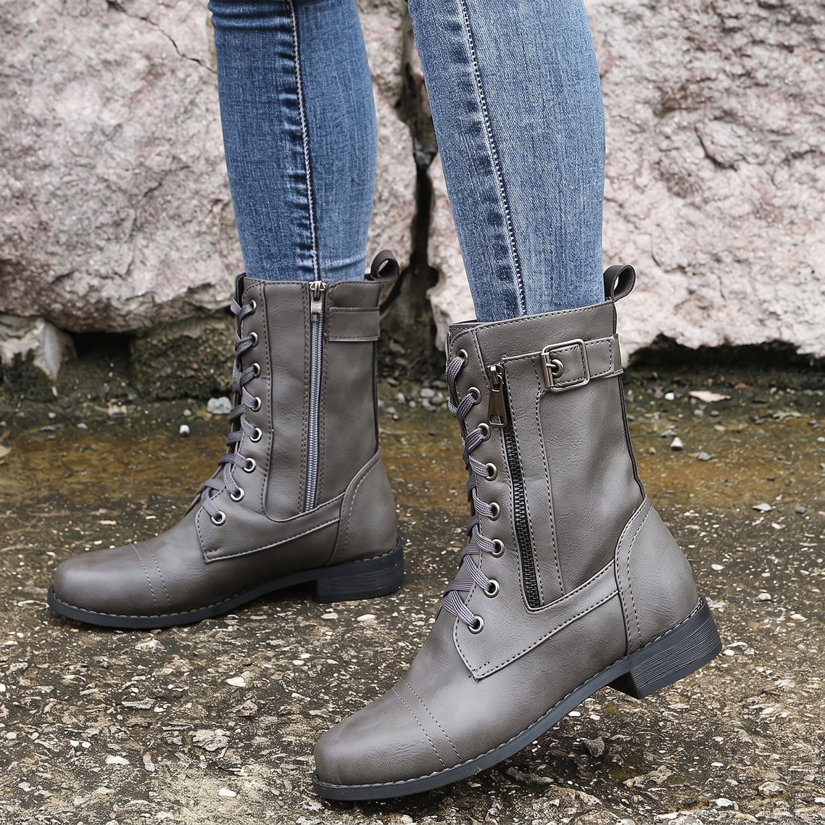 Anna - Women's Orthopaedic Lace-Up Ankle Boots with Side Zip - Boots - Grey - Davies & Cooper