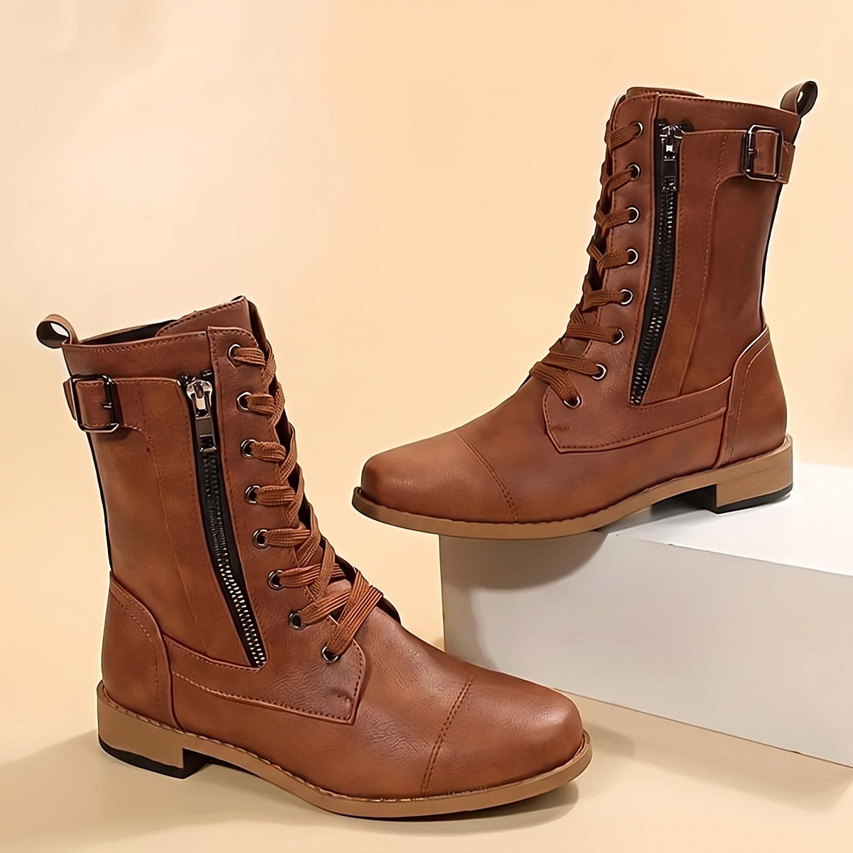 Anna - Women's Orthopaedic Lace-Up Ankle Boots with Side Zip - Boots - Brown - Davies & Cooper