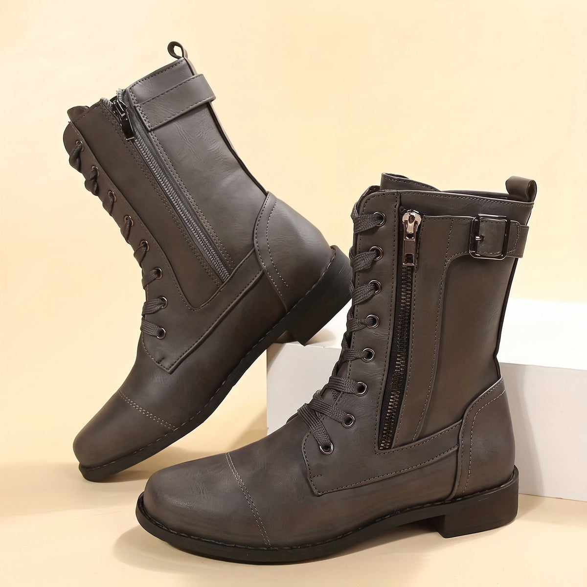 Anna - Women's Orthopaedic Lace-Up Ankle Boots with Side Zip - Boots - Grey - Davies & Cooper