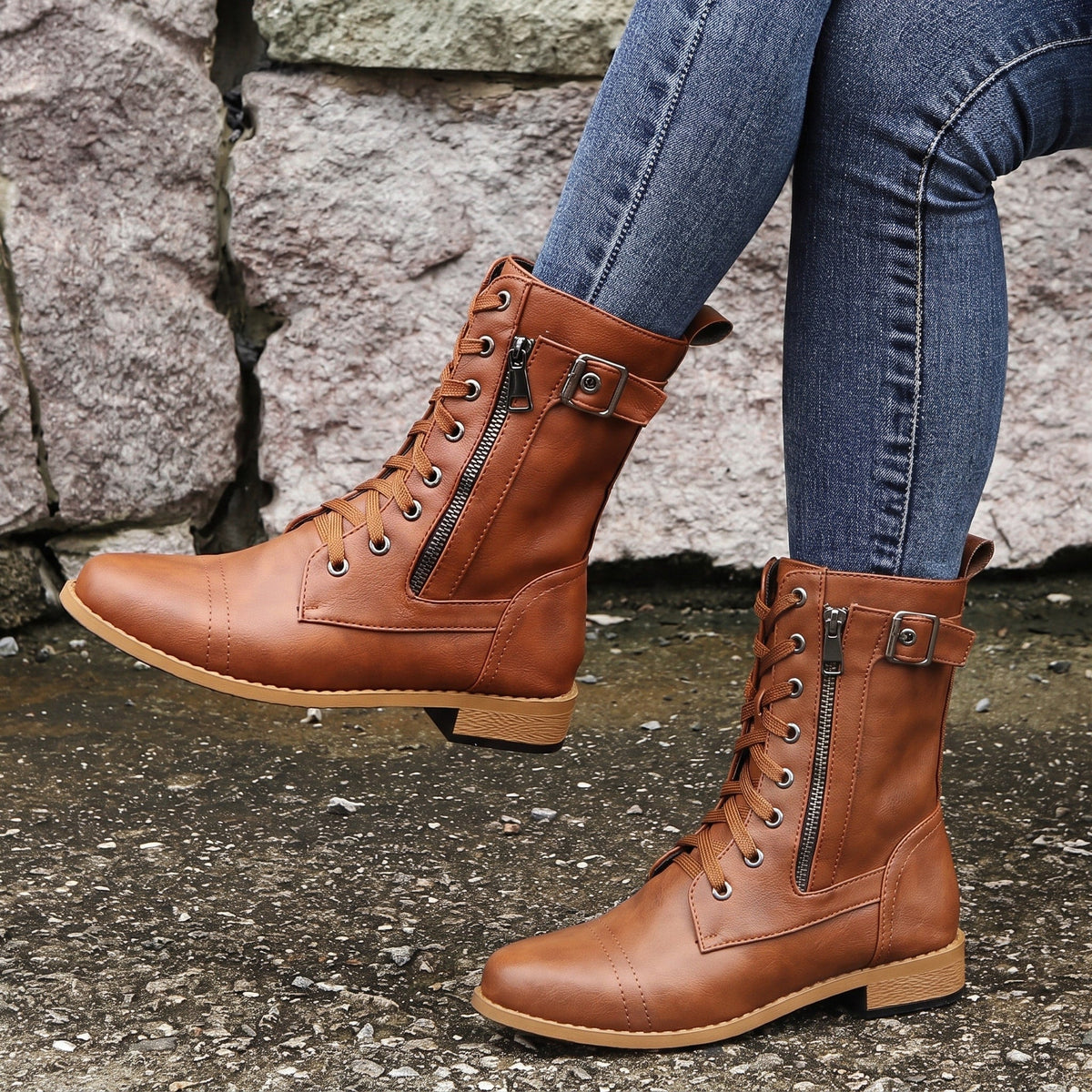 Anna - Women's Orthopaedic Lace-Up Ankle Boots with Side Zip - Boots - Brown - Davies & Cooper
