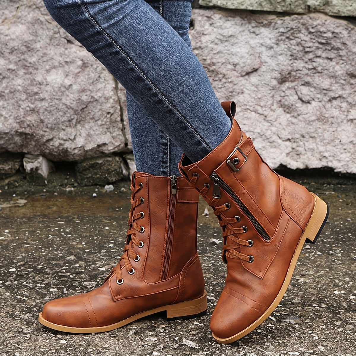Anna - Women's Orthopaedic Lace-Up Ankle Boots with Side Zip - Boots - Brown - Davies & Cooper