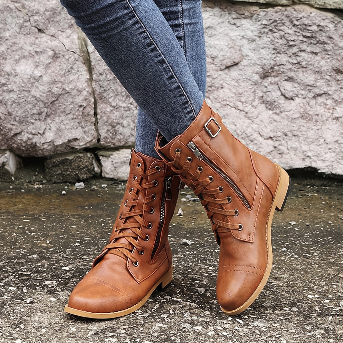 Anna - Women's Orthopaedic Lace-Up Ankle Boots with Side Zip - Boots - Brown - Davies & Cooper