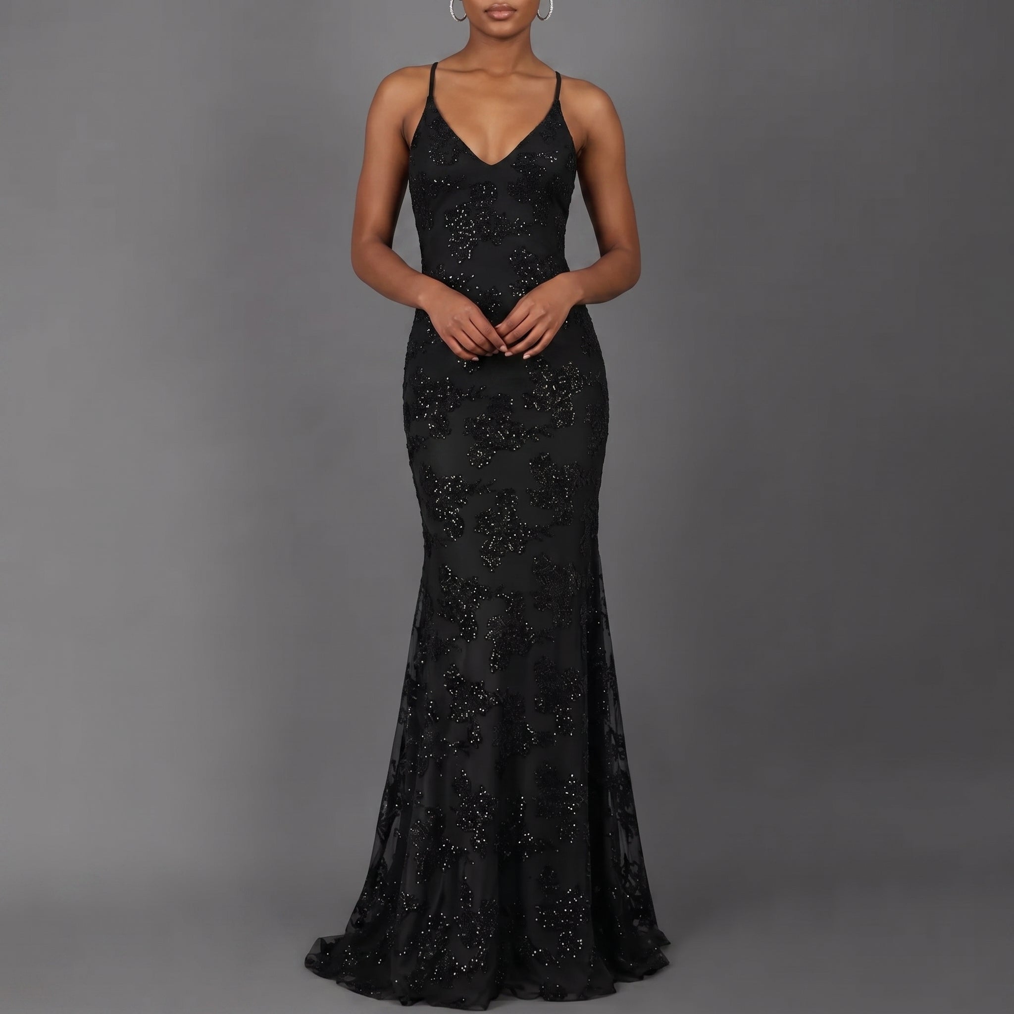 Anna - Women's Wedding Guest Sequin Floral Maxi Dress - Dress Women - Black - Davies & Cooper
