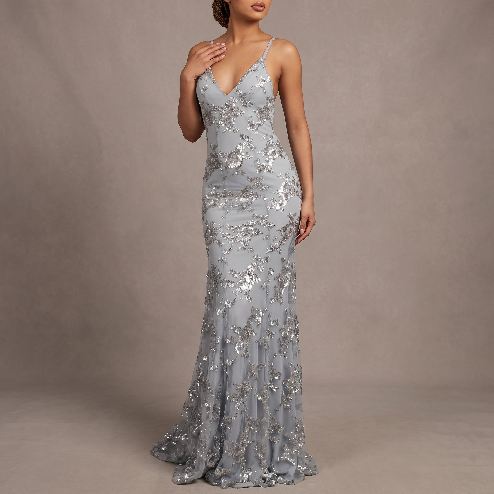Anna - Women's Wedding Guest Sequin Floral Maxi Dress - Dress Women - Grey - Davies & Cooper
