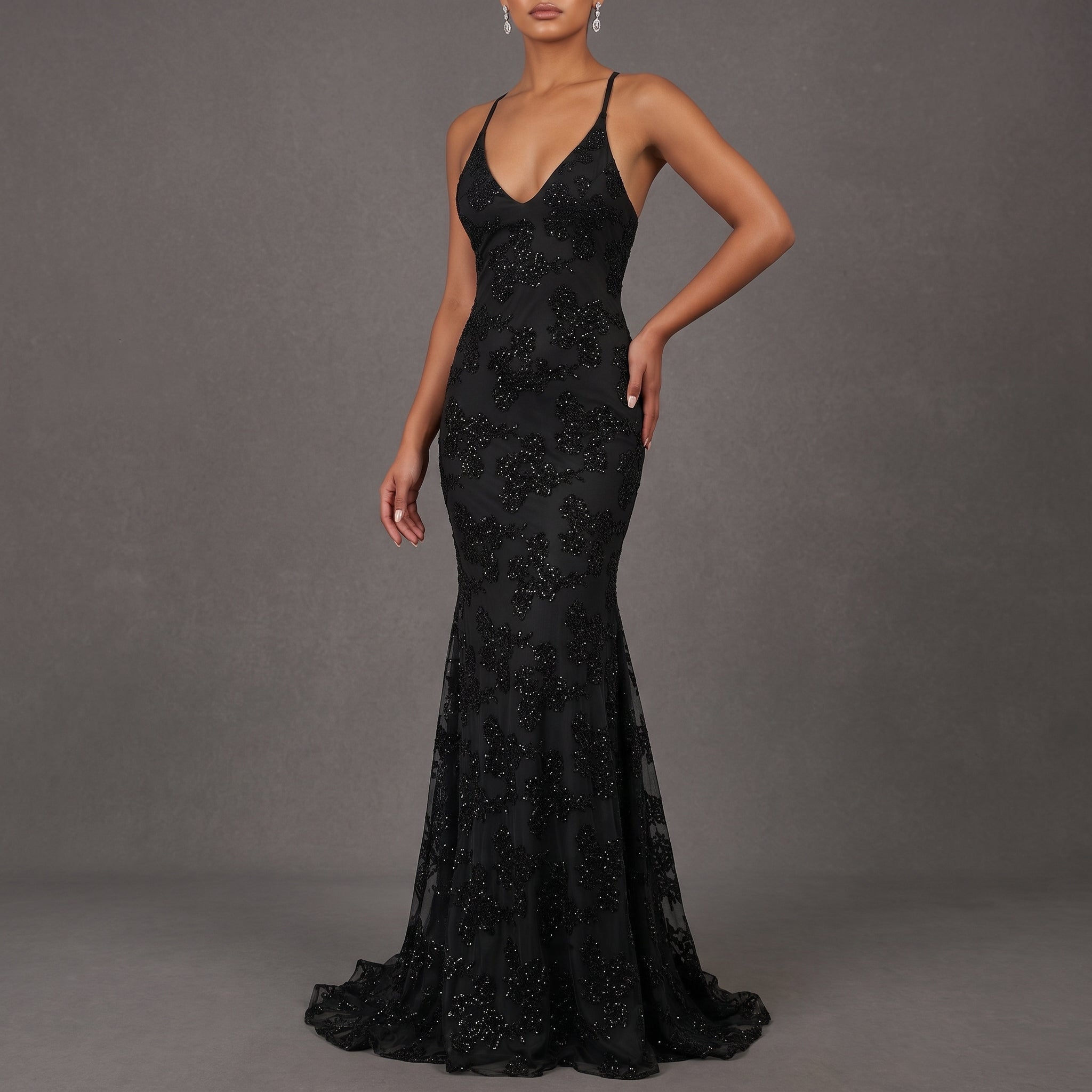 Anna - Women's Wedding Guest Sequin Floral Maxi Dress - Dress Women - Black - Davies & Cooper