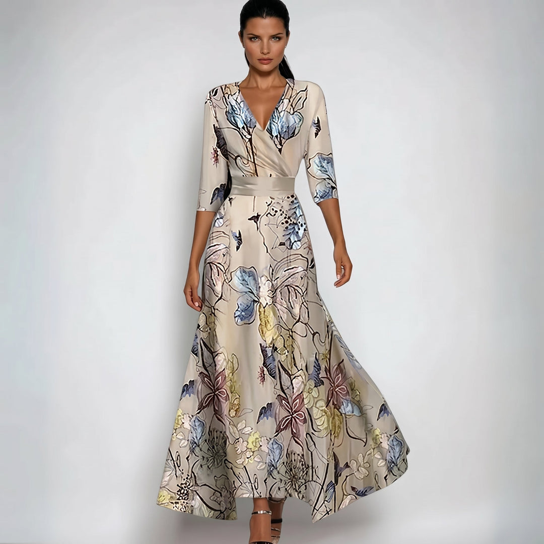 Annalie - Women's Wedding Guest Wrap Floral Maxi Dress - Maxi Dresses - Beige - Davies & Cooper