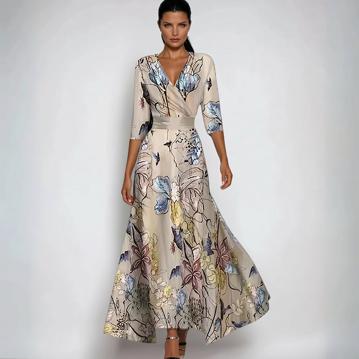 Annalie - Women's Wedding Guest Wrap Floral Maxi Dress - Maxi Dresses - Beige - Davies & Cooper