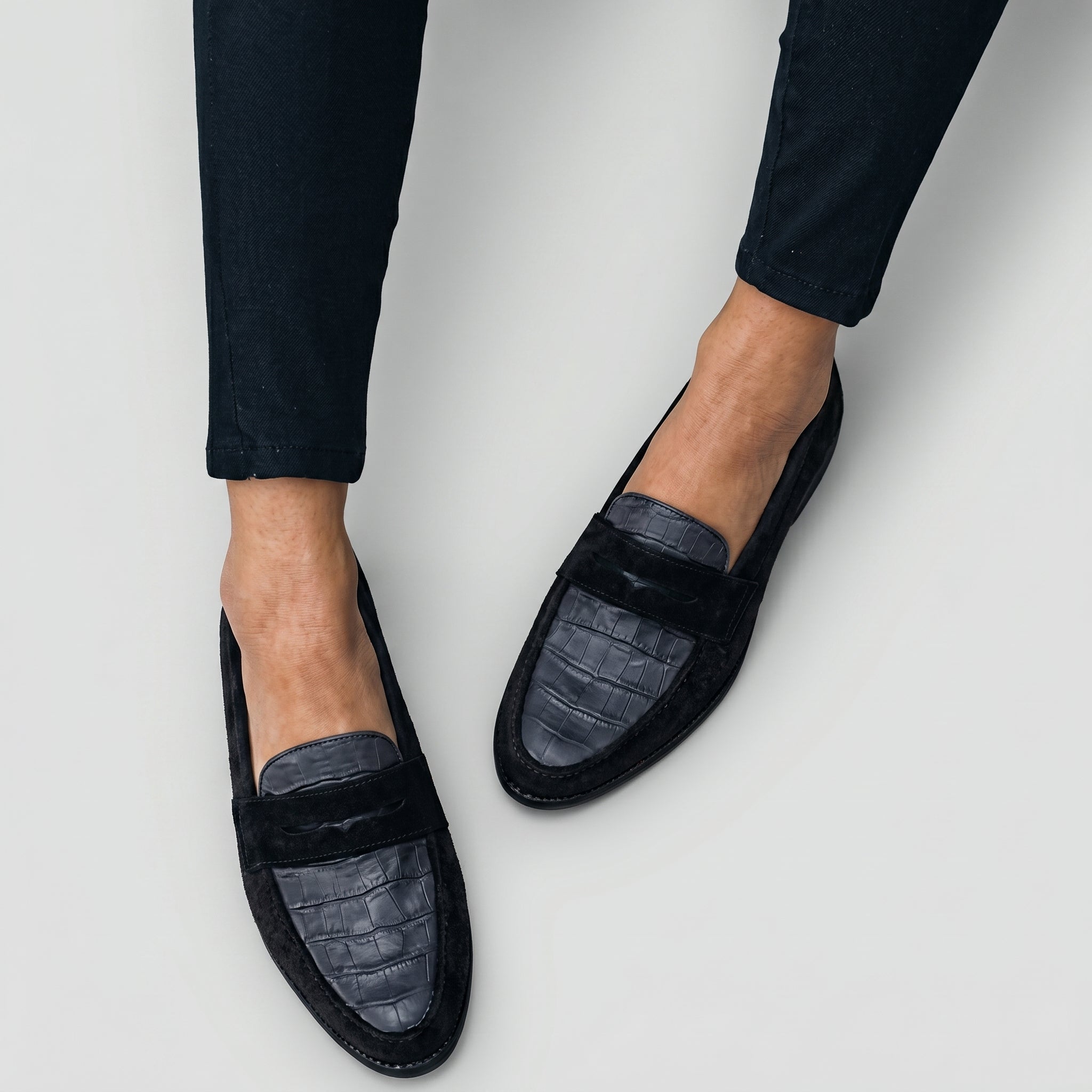 Annalise - Women's Textured Round Toe Penny Loafers - Shoes Women - Black - Davies & Cooper