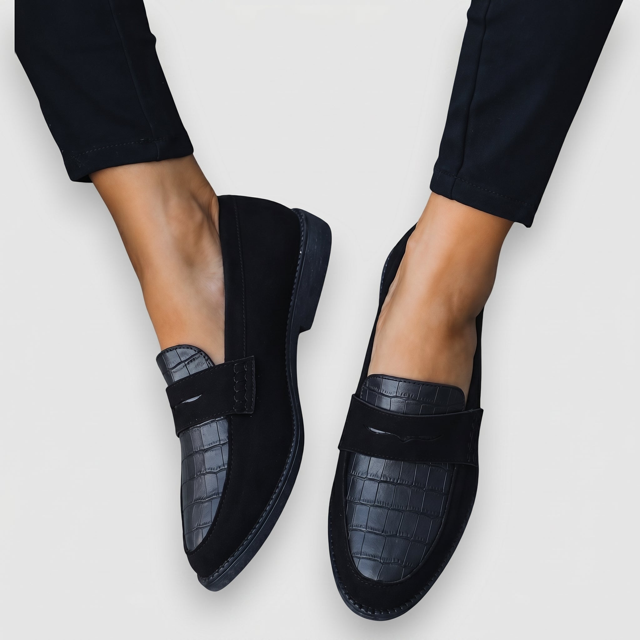 Annalise - Women's Textured Round Toe Penny Loafers - Shoes Women - Black - Davies & Cooper