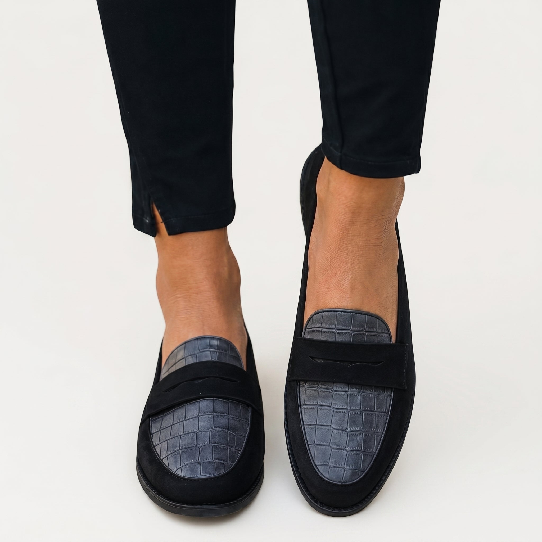 Annalise - Women's Textured Round Toe Penny Loafers - Shoes Women - Black - Davies & Cooper