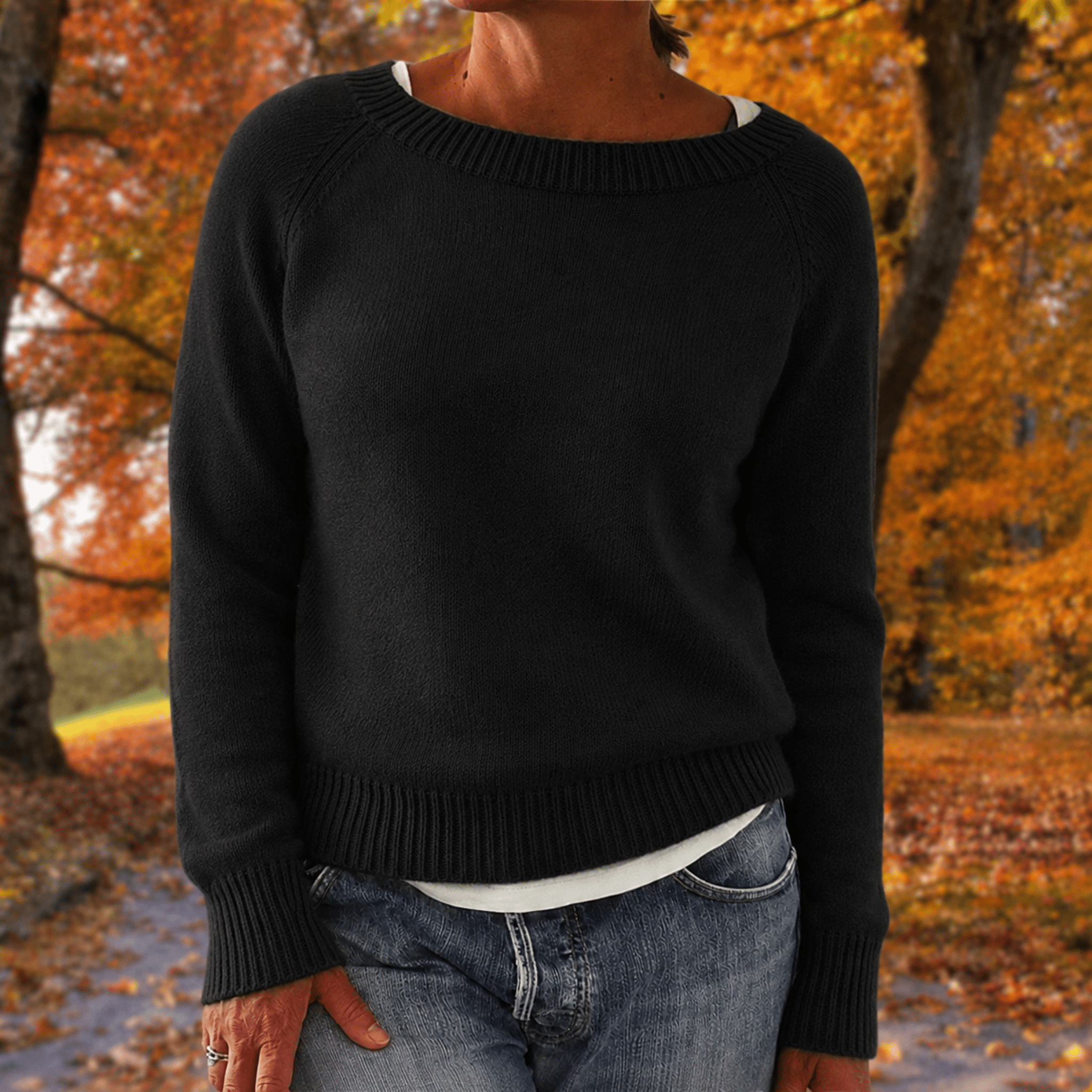 Anneliese - Women's Relaxed Fit Long Sleeve Jumper with Ribbed Trim - Sweaters - Black - Davies & Cooper
