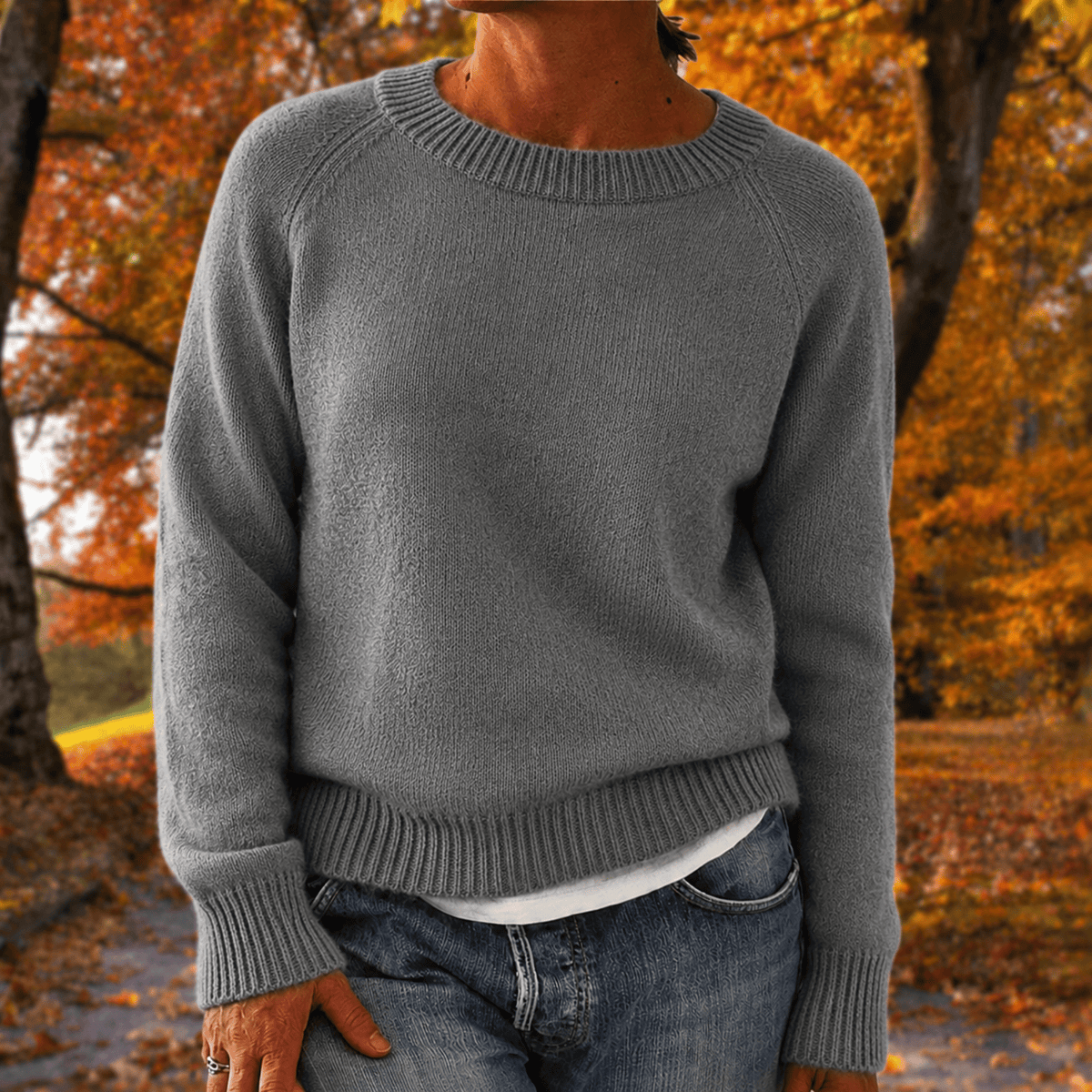 Anneliese - Women's Relaxed Fit Long Sleeve Jumper with Ribbed Trim - Sweaters - Grey - Davies & Cooper