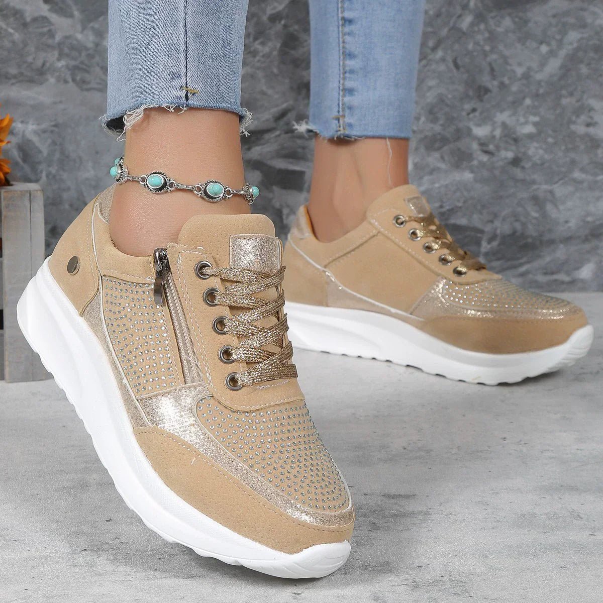 Alice - Women's Orthopaedic Lace-Up Trainers with Embellished Upper