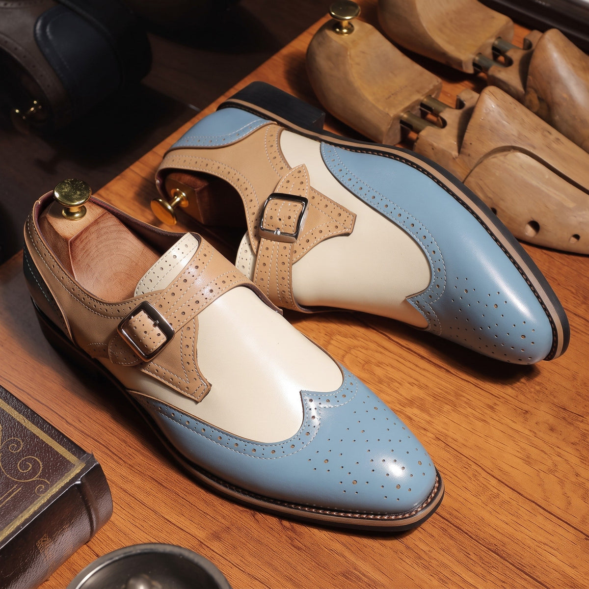 Arthur - Men's Brogue Monk Strap Shoes with Buckle Strap - Shoes - Blue - Davies & Cooper