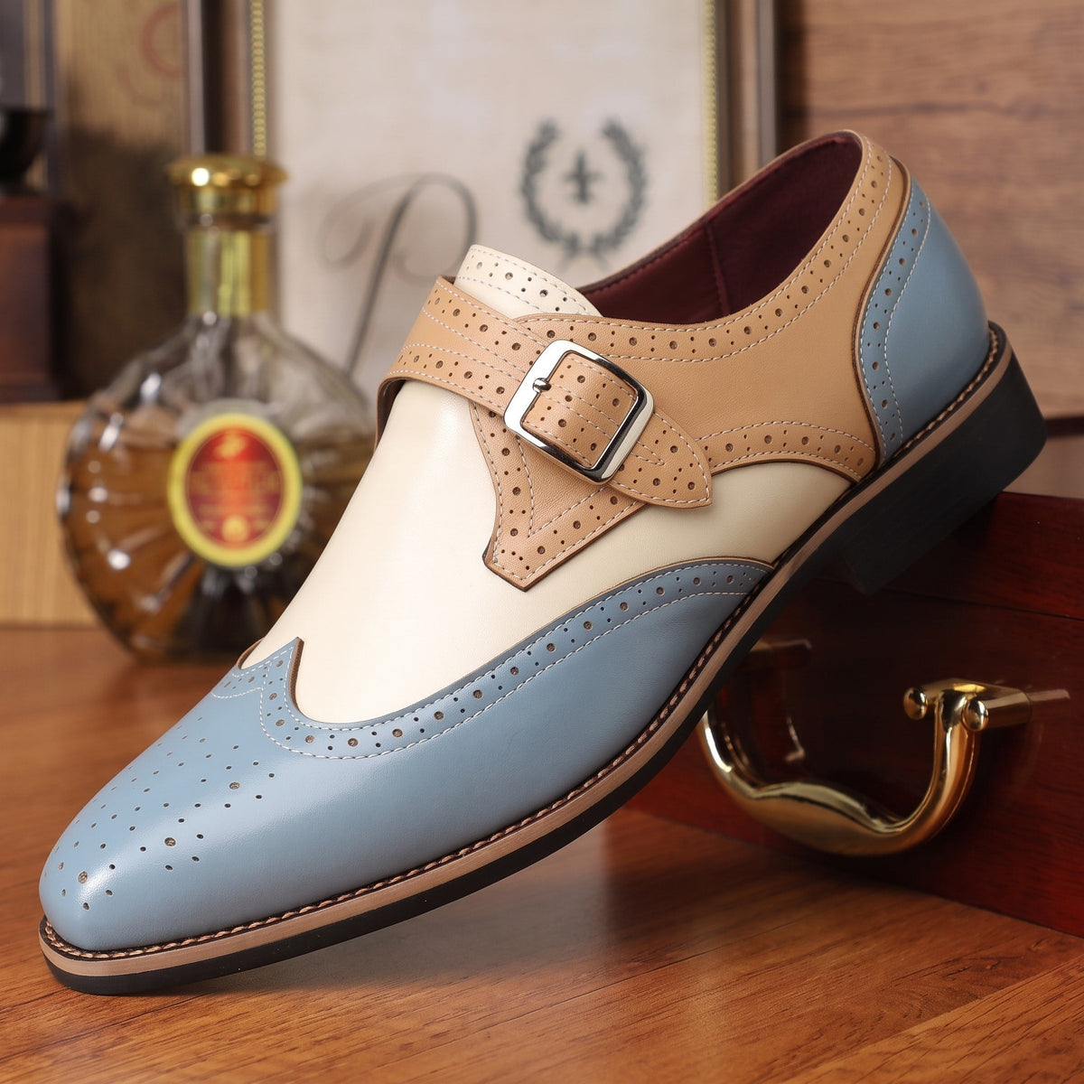 Arthur - Men's Brogue Monk Strap Shoes with Buckle Strap - Shoes - Blue - Davies & Cooper
