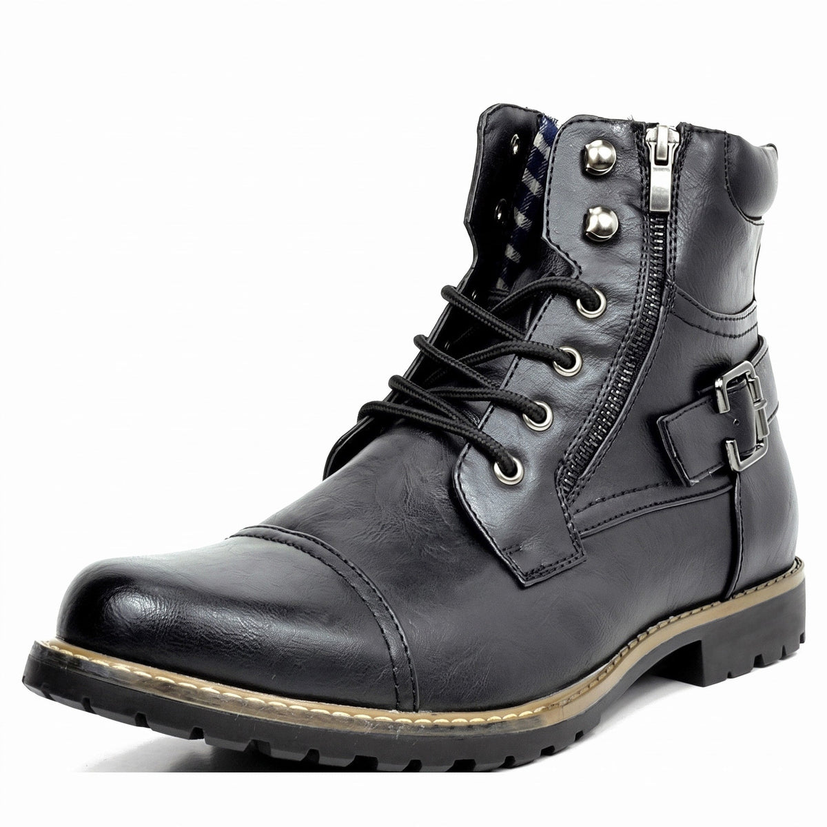 Arthur - Men's Cap Toe Lace-Up Ankle Boots with Buckle Strap - Boots - Black - Davies & Cooper