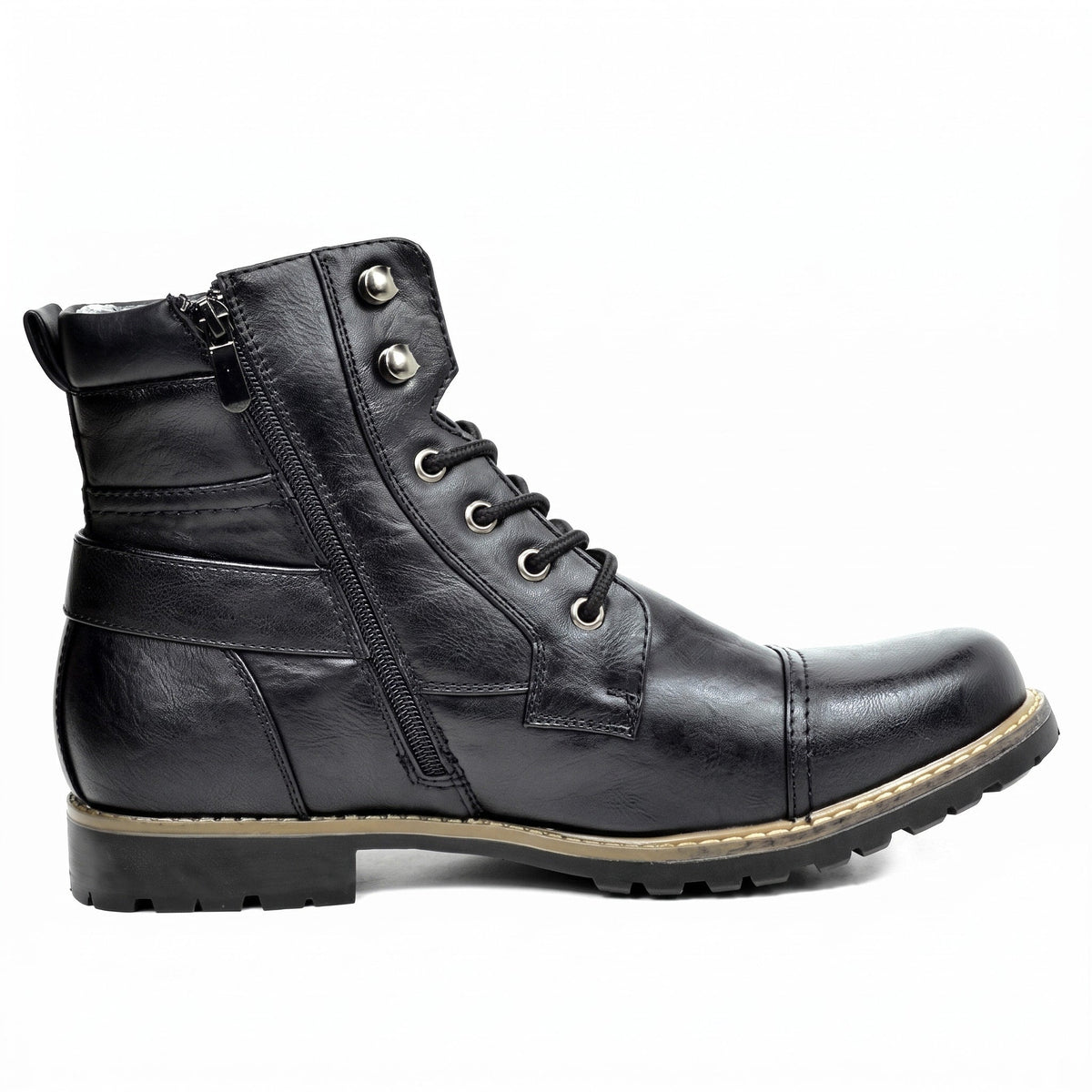 Arthur - Men's Cap Toe Lace-Up Ankle Boots with Buckle Strap - Boots - Black - Davies & Cooper