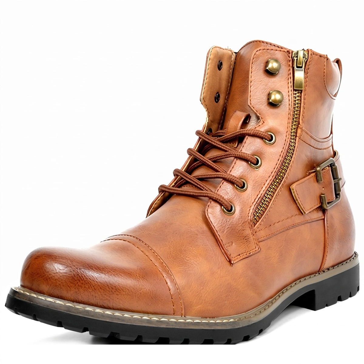 Arthur - Men's Cap Toe Lace-Up Ankle Boots with Buckle Strap - Boots - Brown - Davies & Cooper