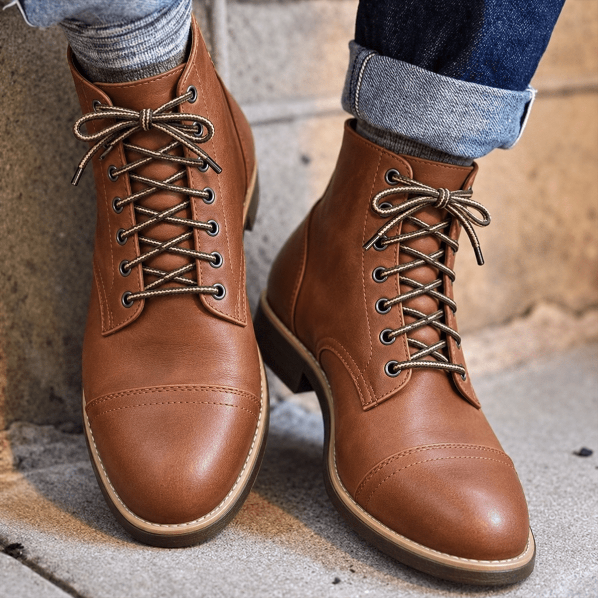 Arthur - Men's Lace-Up Leather Ankle Boots with Cap Toe - Boots - Light Brown - Davies & Cooper
