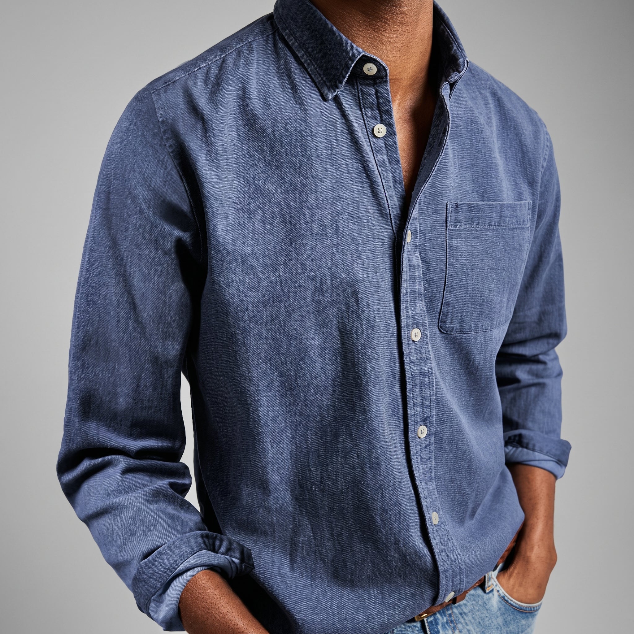 Arthur - Men's Relaxed Fit Button-Down Denim-Style Shirt - Shirts - Dark Blue - Davies & Cooper