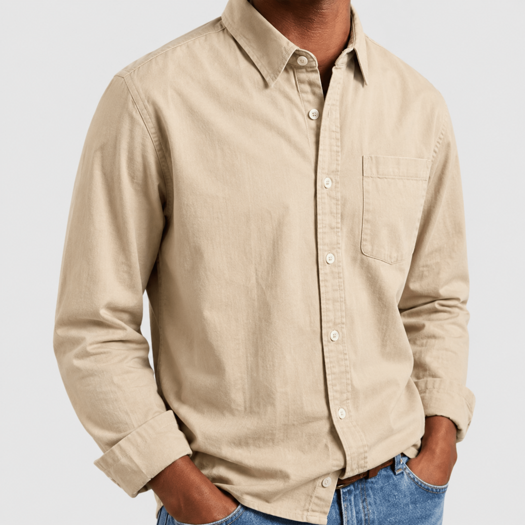 Arthur - Men's Relaxed Fit Long Sleeve Point Collar Shirt - Shirts - Beige - Davies & Cooper