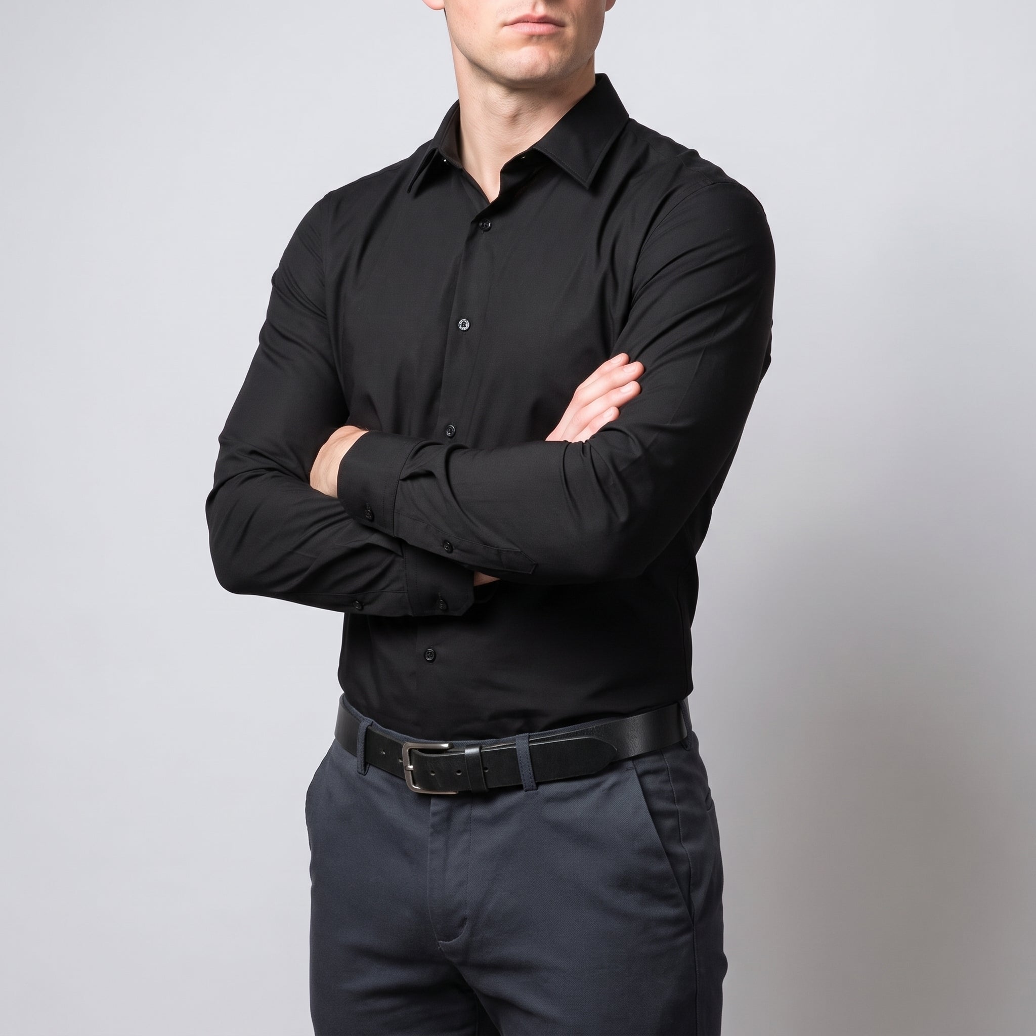 Arthur - Men's Slim Fit Long Sleeve Plain Dress Shirt - Dress Shirt - Black - Davies & Cooper
