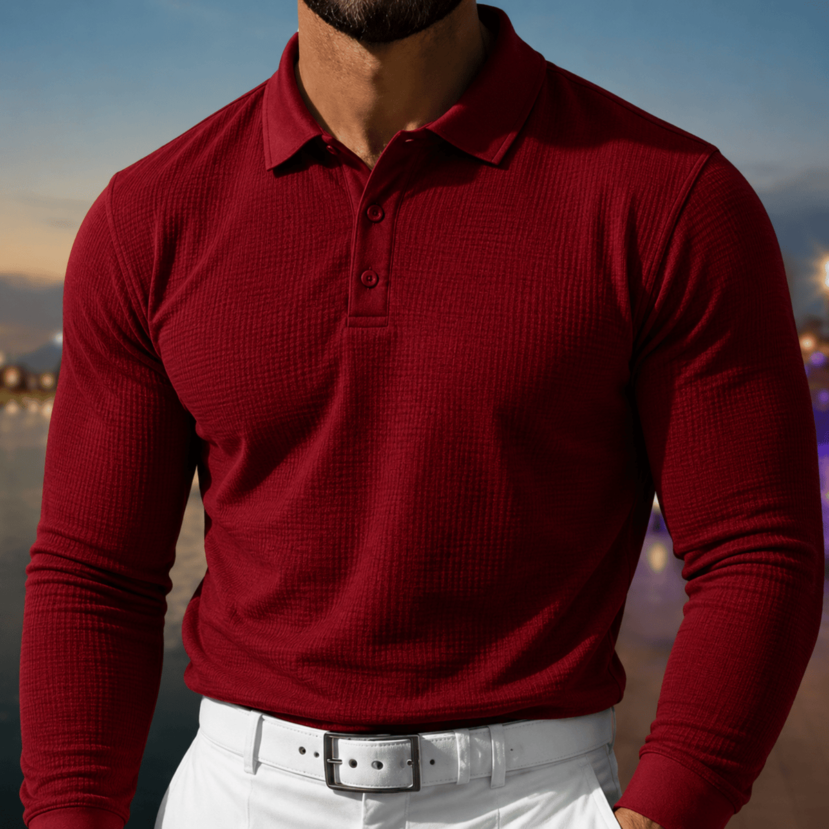 Arthur - Men's Slim Fit Long Sleeve Polo Shirt - Polos - Red - Davies & Cooper
