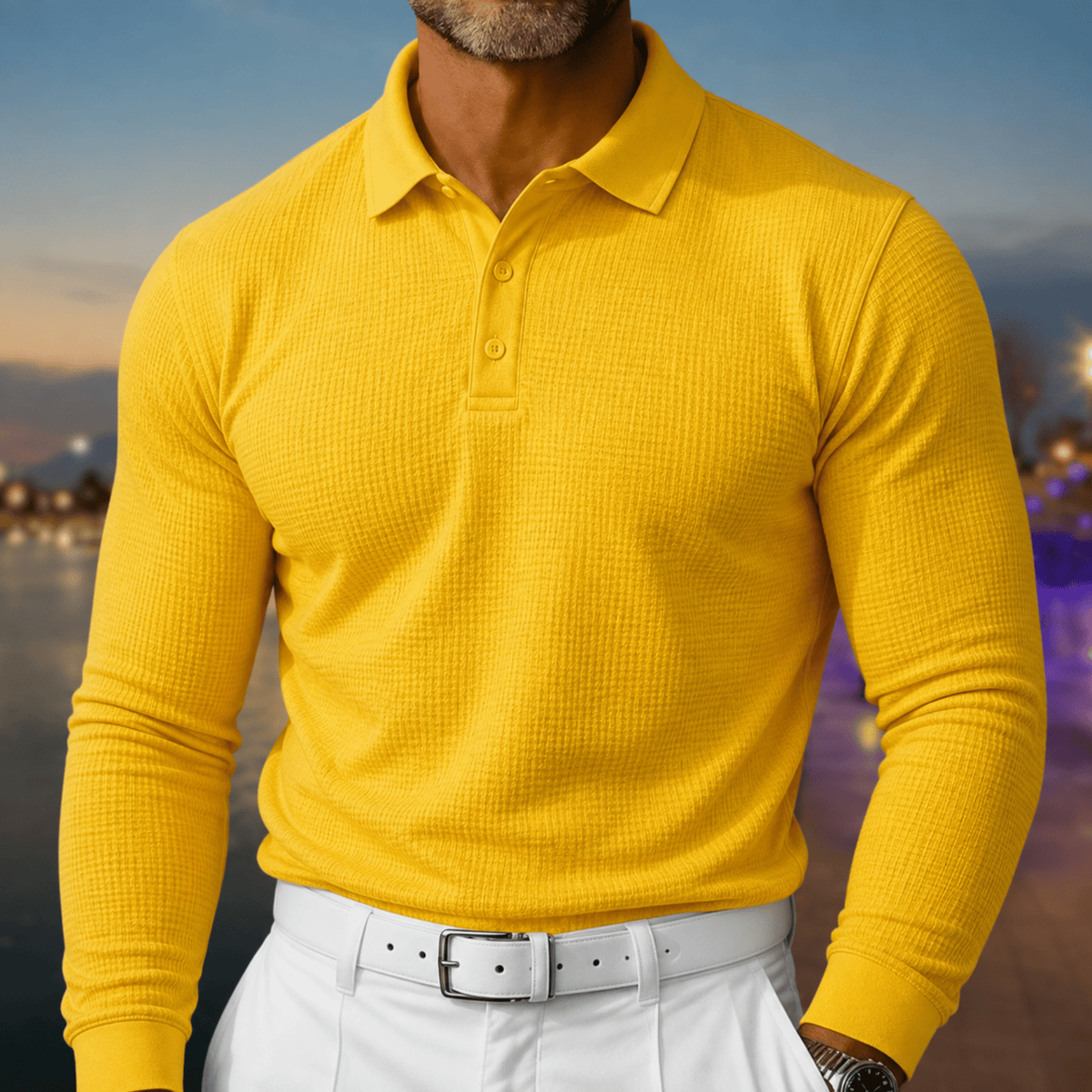 Arthur - Men's Slim Fit Long Sleeve Polo Shirt - Polos - Yellow - Davies & Cooper