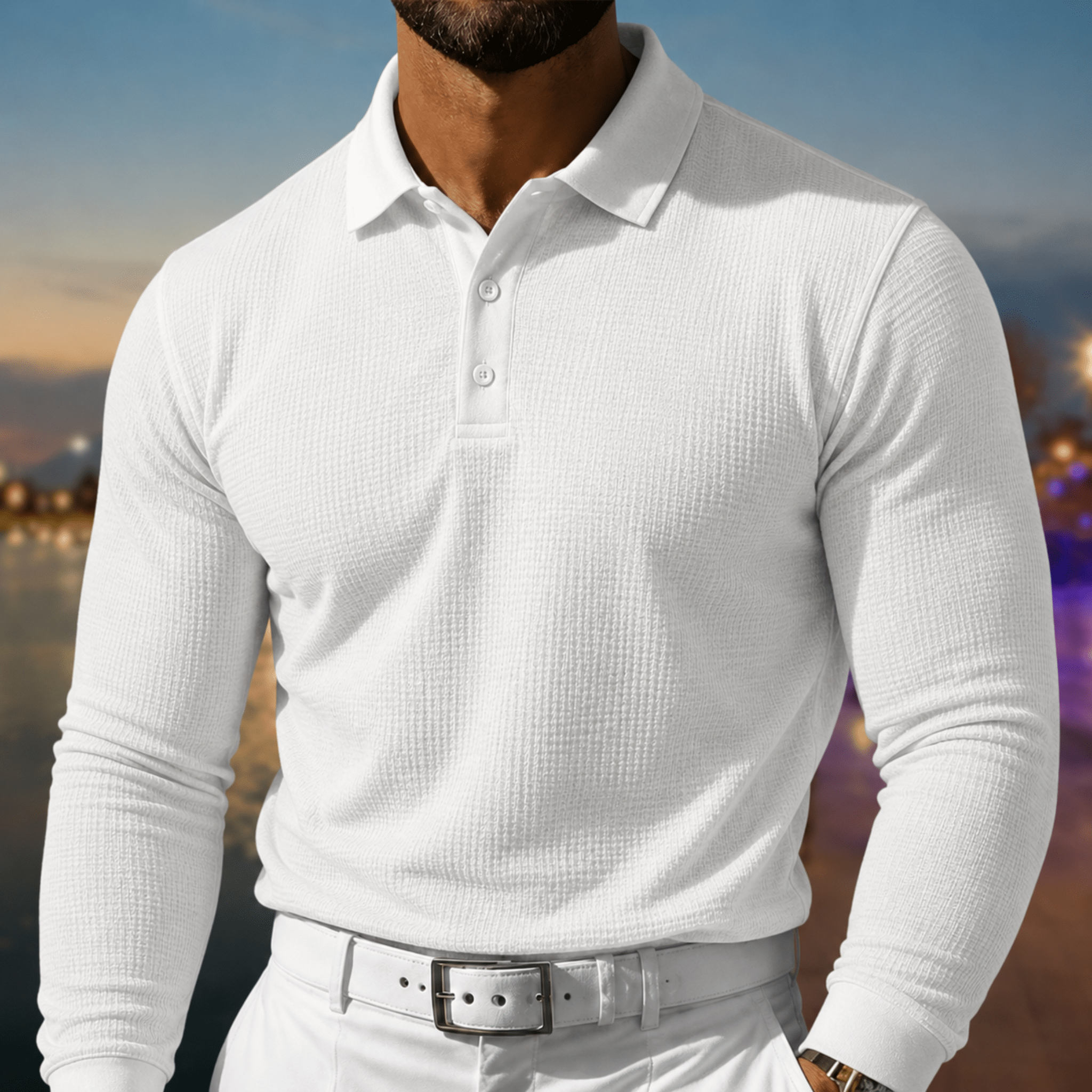 Arthur - Men's Slim Fit Long Sleeve Polo Shirt - Polos - White - Davies & Cooper