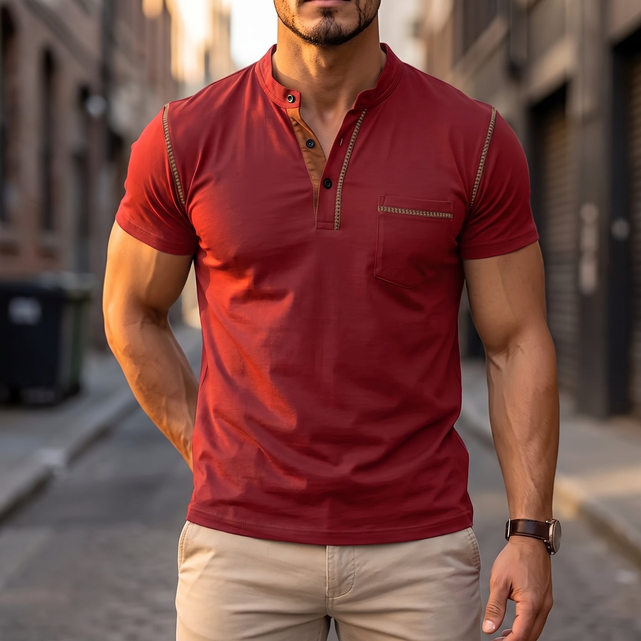 Arthur – Men's Summer Grandad Collar Contrast Trim T-Shirt - T-Shirts - Red - Davies & Cooper