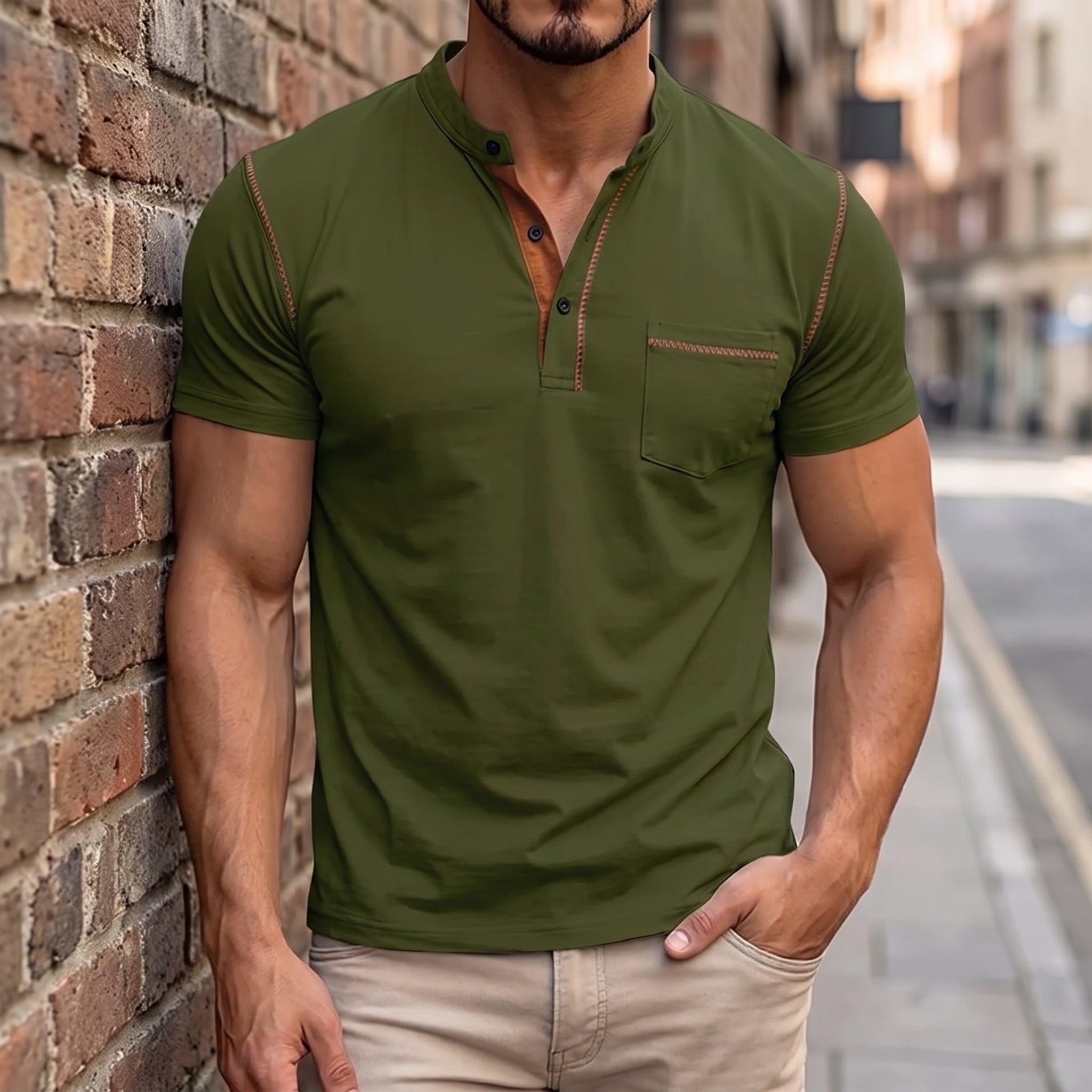 Arthur – Men's Summer Grandad Collar Contrast Trim T-Shirt - T-Shirts - Dark Green - Davies & Cooper