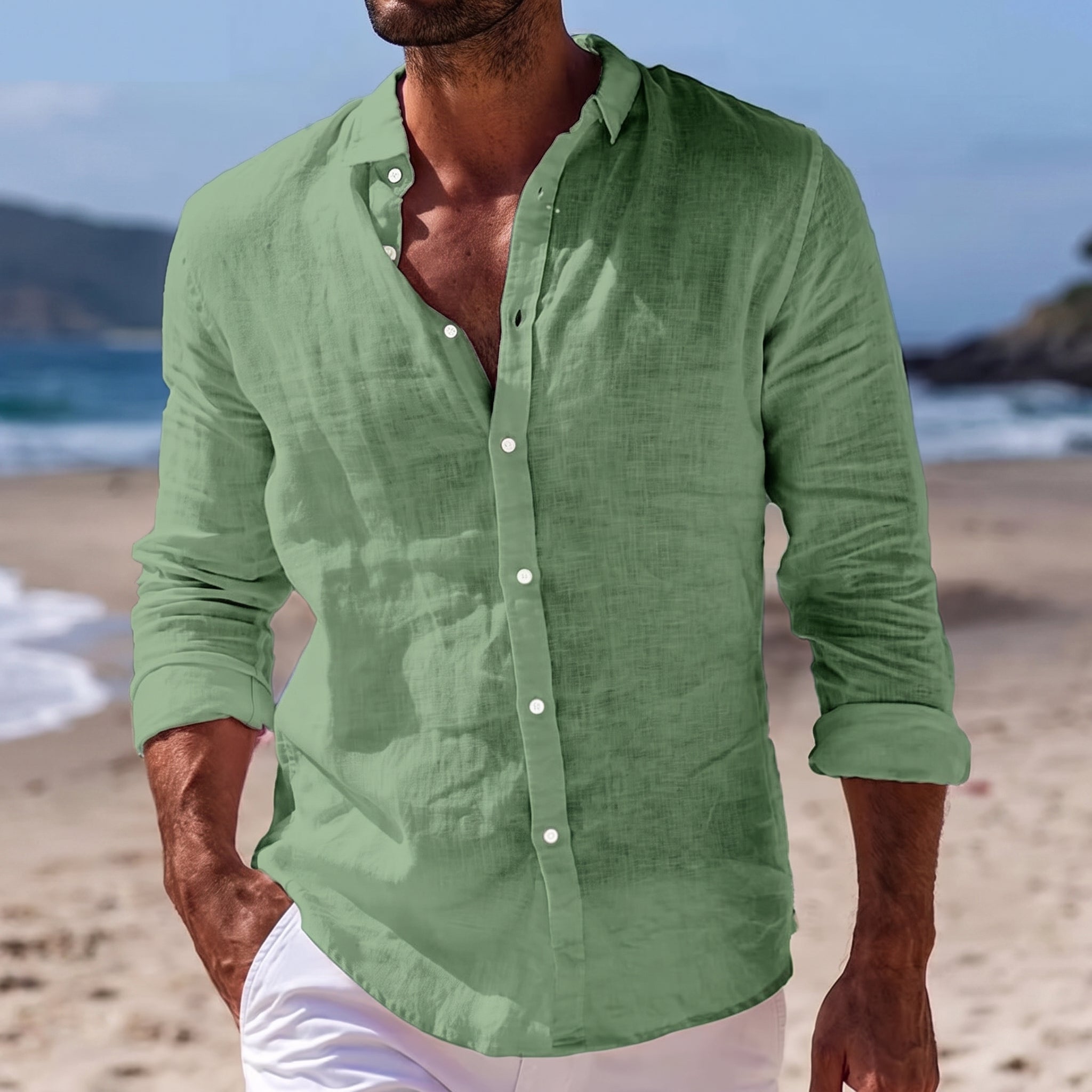 Arthur – Men's Summer Grandad Collar Long Sleeve Shirt - Shirts - Green - Davies & Cooper