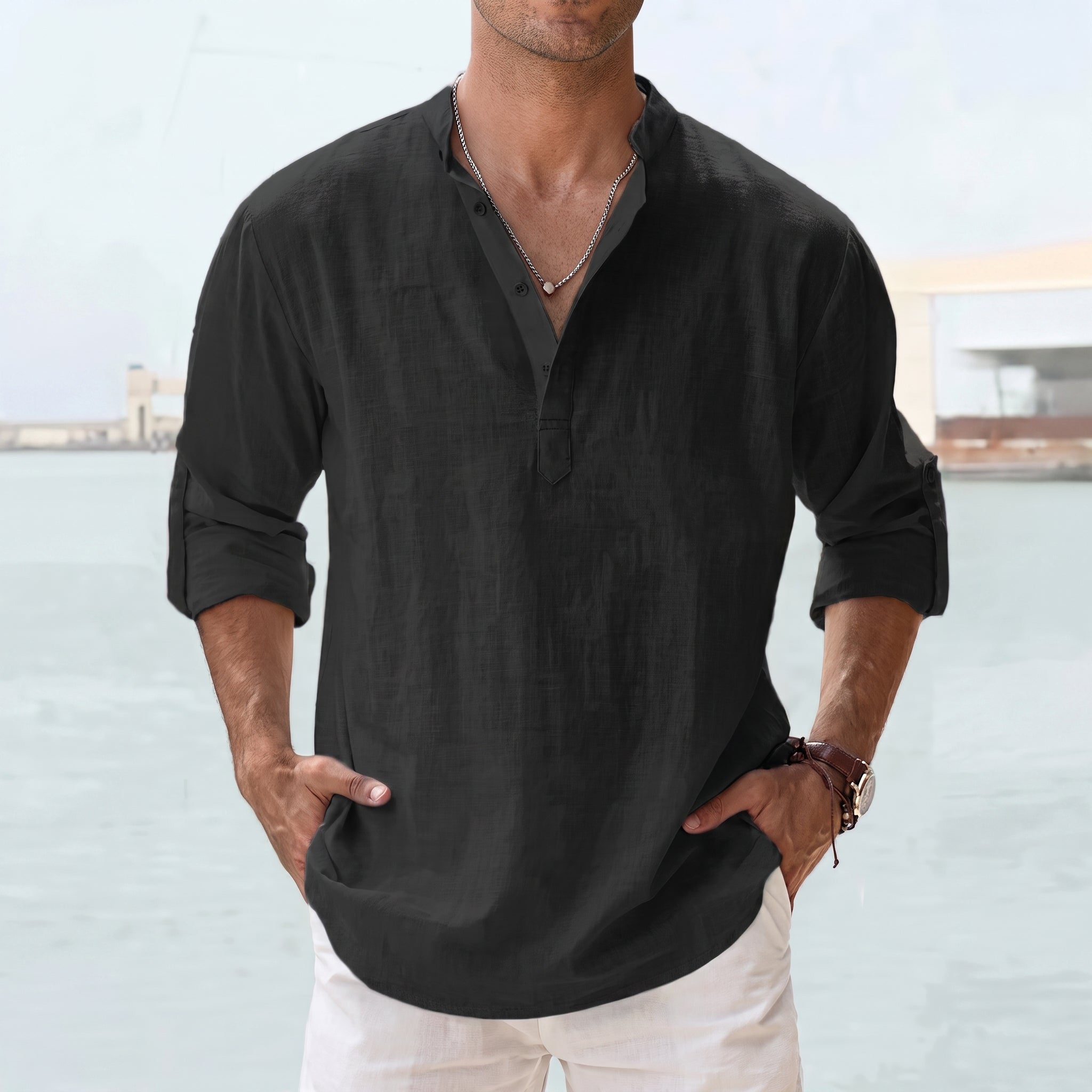 Arthur – Men's Summer Grandad Collar Long Sleeve Shirt - Shirts - Black - Davies & Cooper