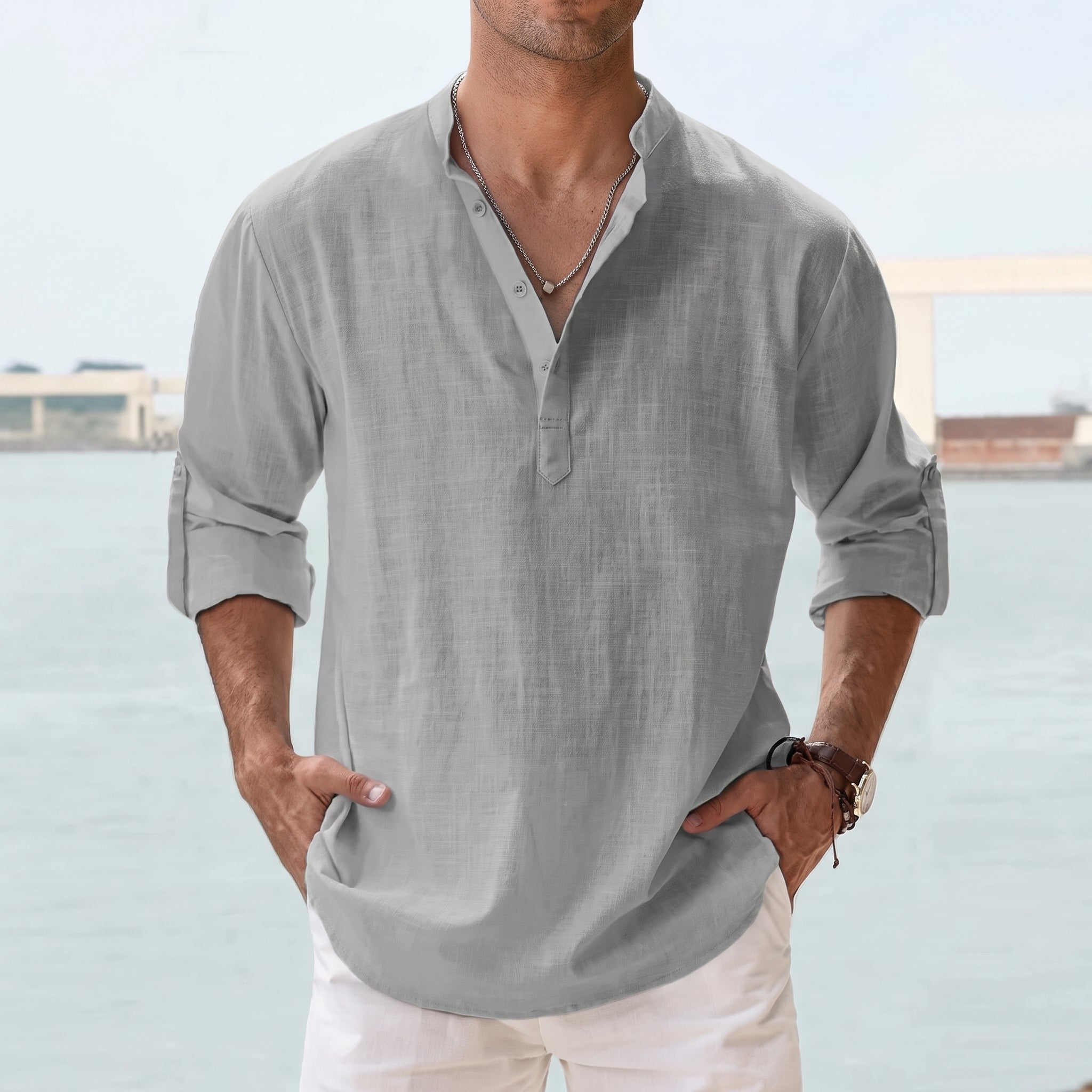 Arthur – Men's Summer Grandad Collar Long Sleeve Shirt - Shirts - Grey - Davies & Cooper