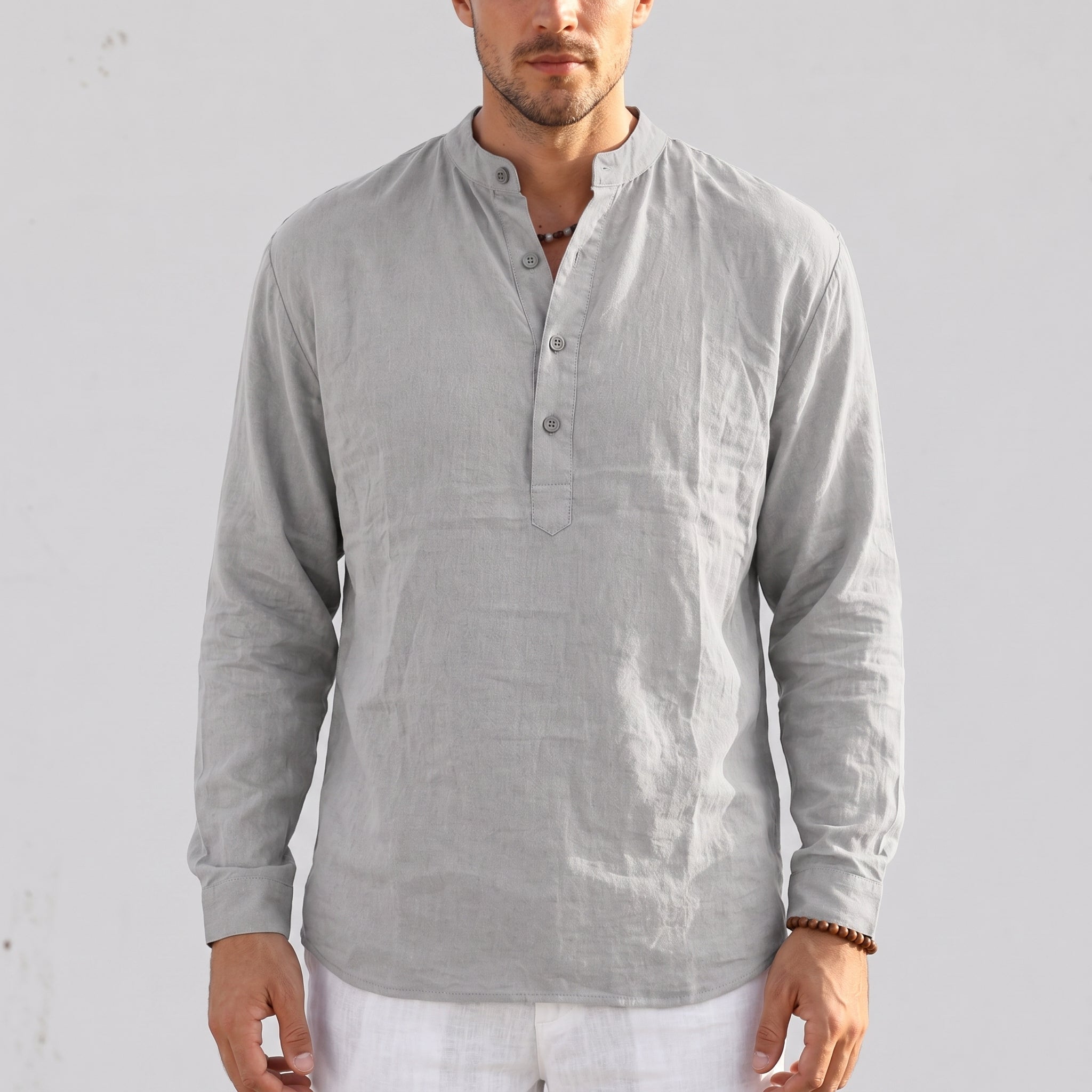 Arthur – Men's Summer Grandad Collar Placket Shirt - Shirts - Grey - Davies & Cooper